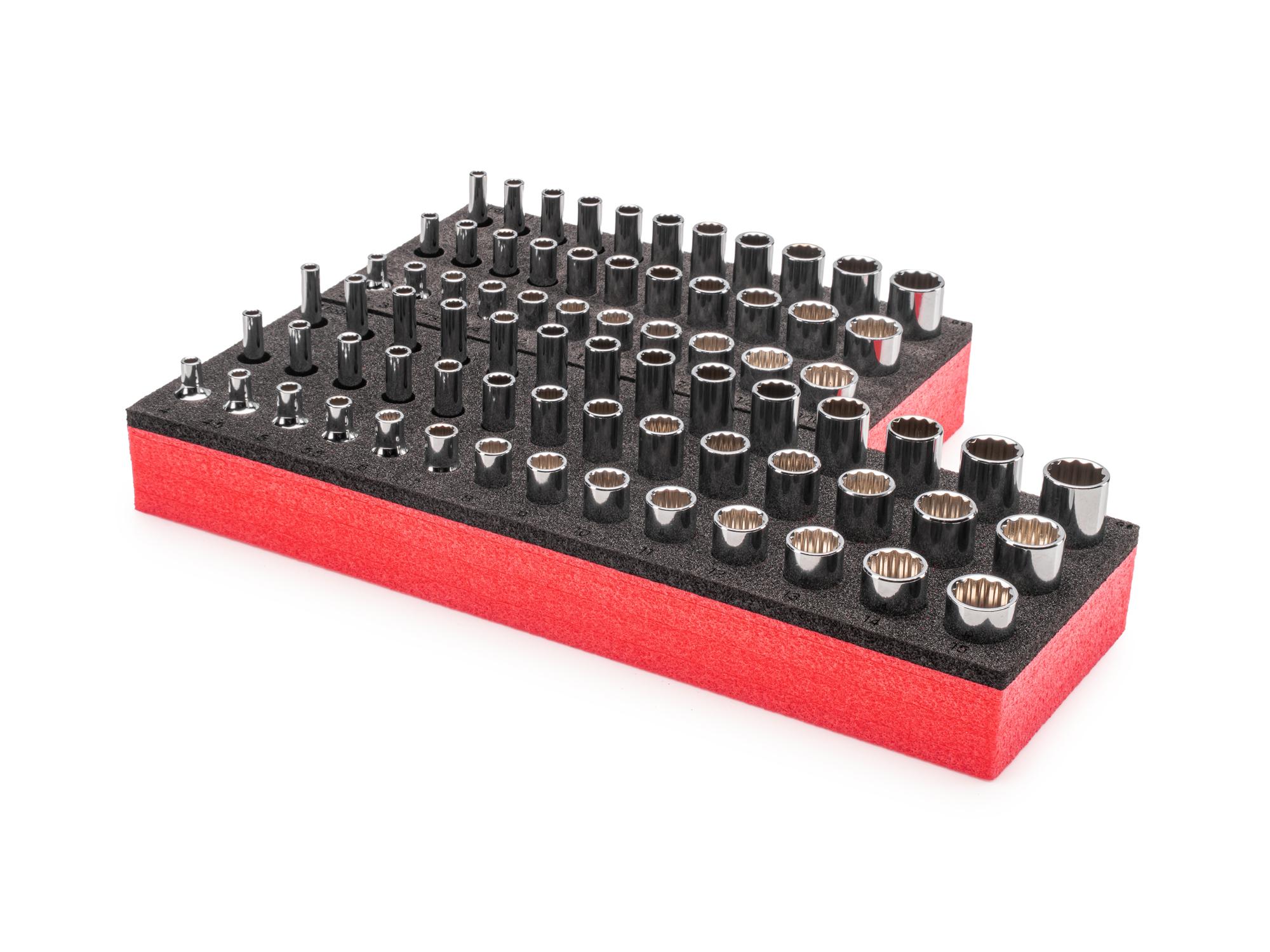 Front-right angle view of Tekton foam hand drive 12-point socket set. Item #SHD90805