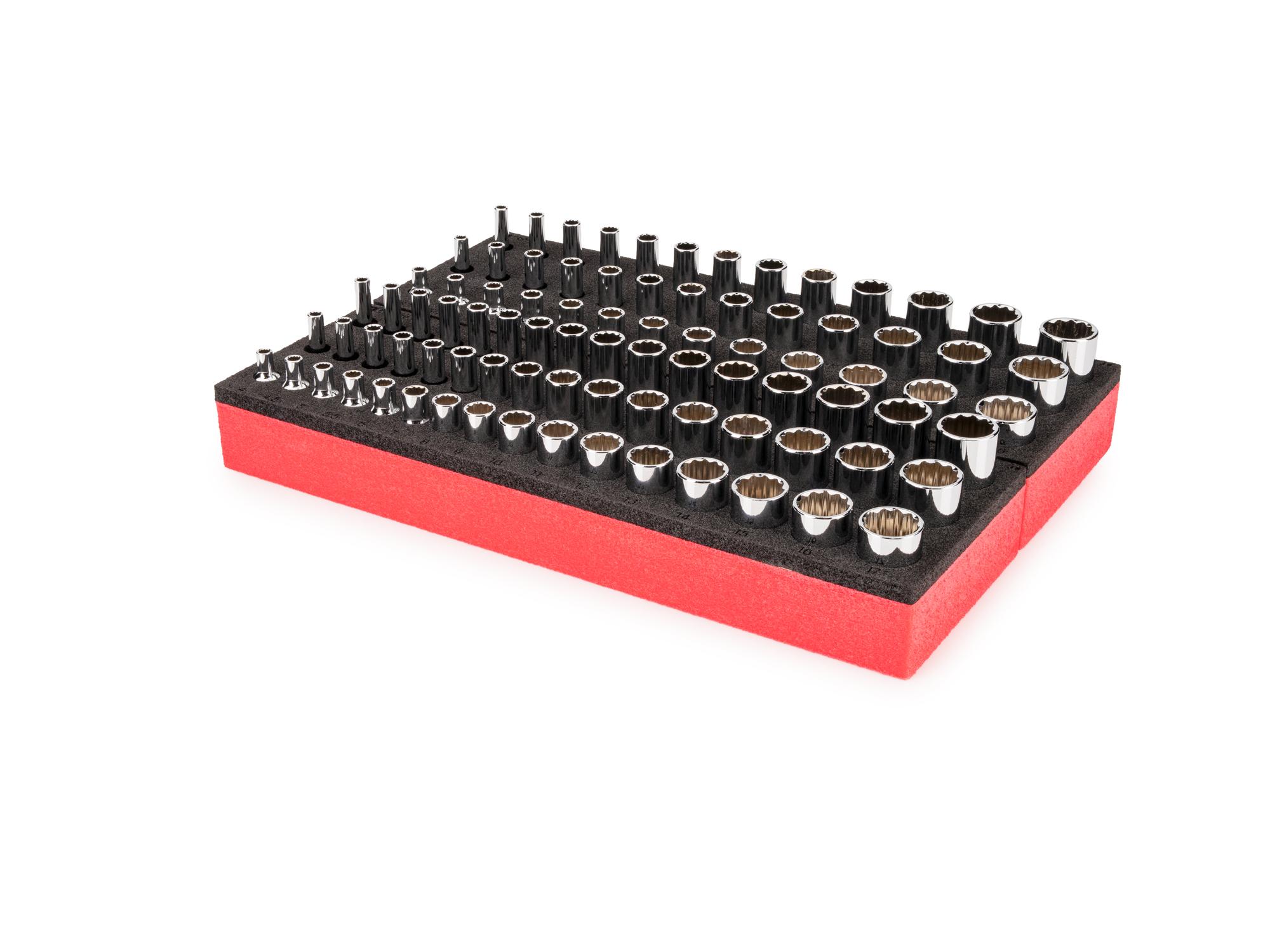 Front-right angle view of Tekton foam hand drive 12-point socket set. Item #SHD90809