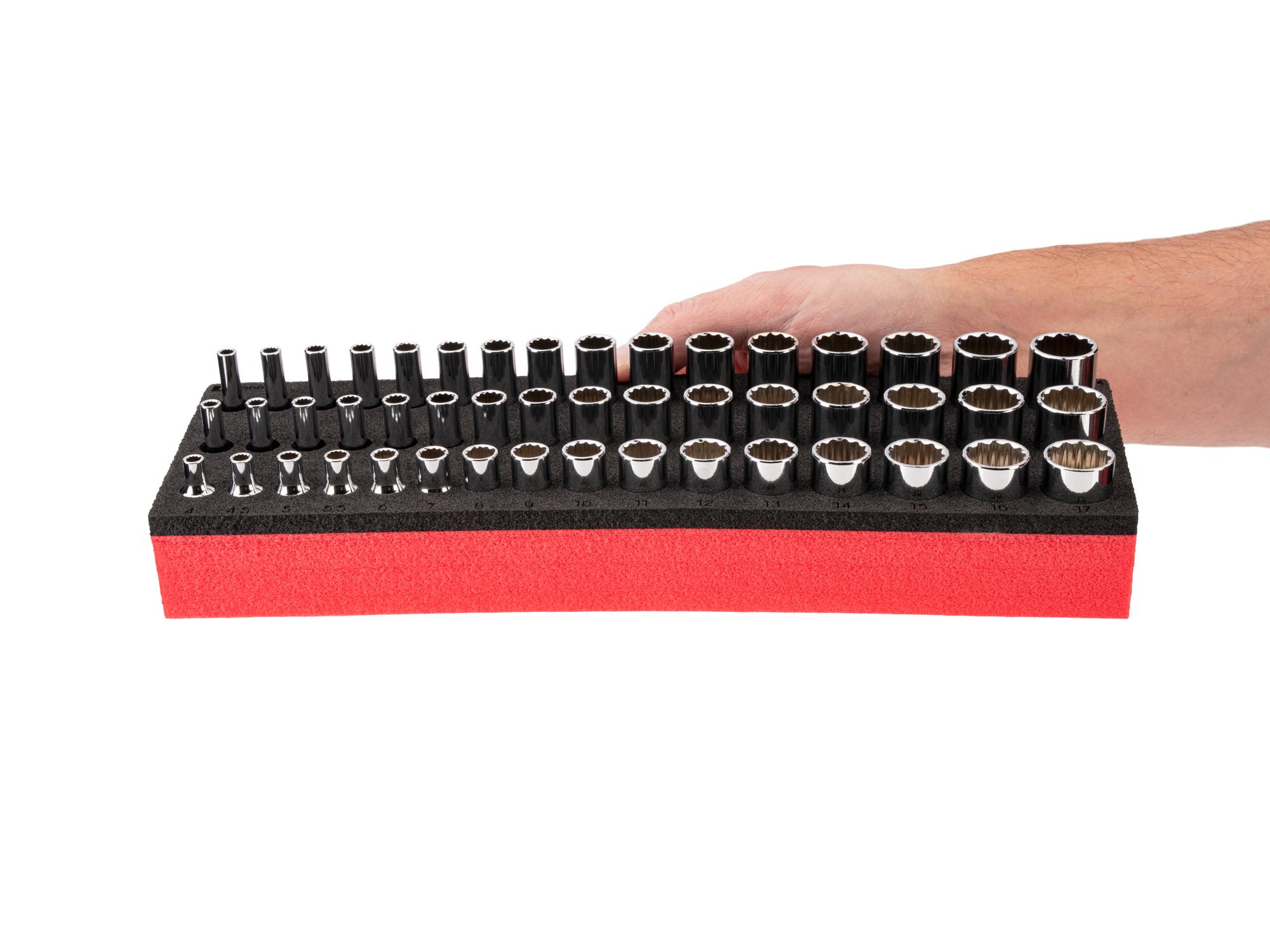TEKTON 1/4 Inch Drive Shallow, Semi-Deep, and Deep 12-Point Socket Set with 12 x 4 Inch Foam Organizers, 87-Piece (5/32 - 11/16 in., 4 - 17 mm)