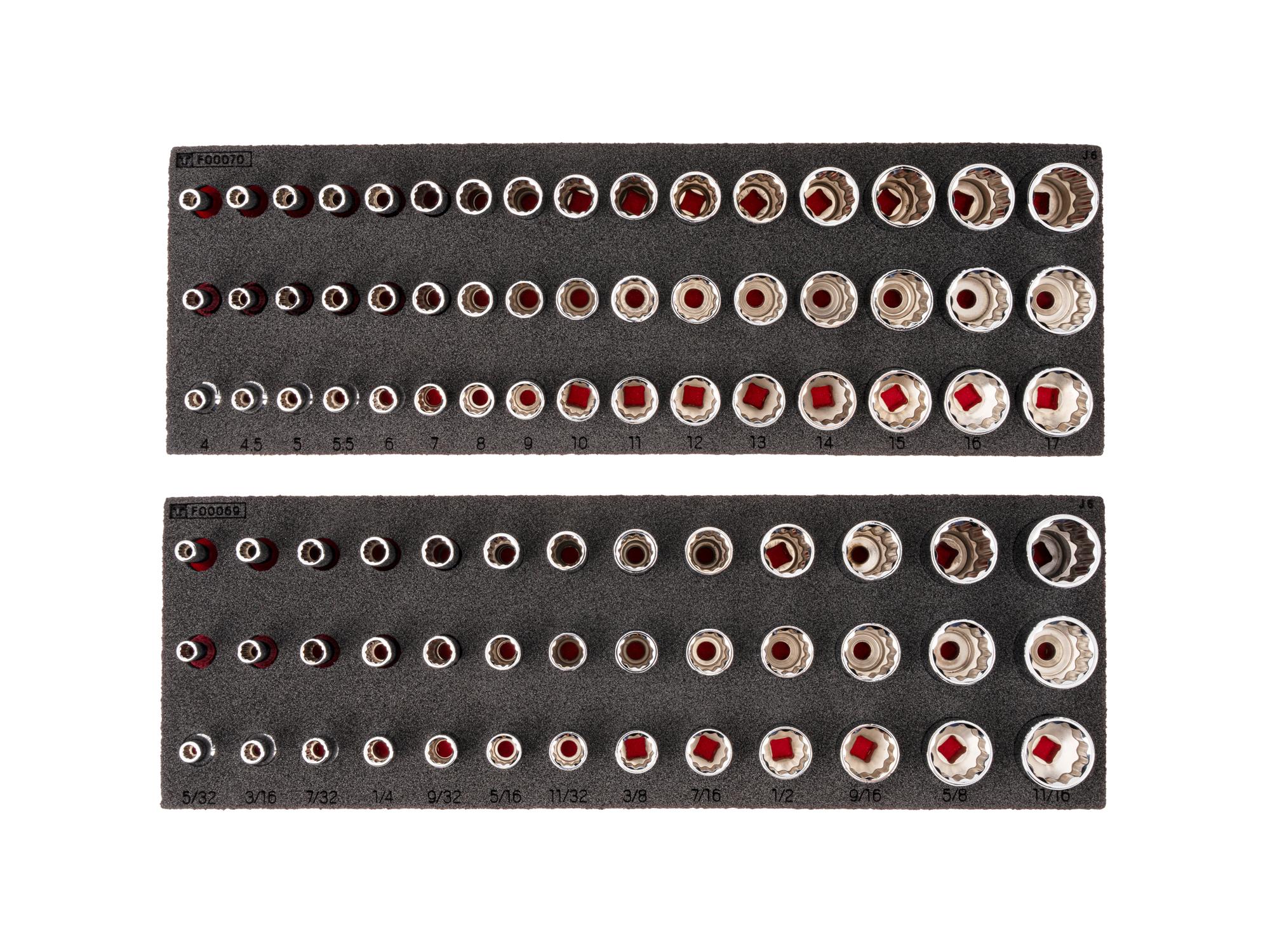 TEKTON 1/4 Inch Drive Shallow, Semi-Deep, and Deep 12-Point Socket Set with 12 x 4 Inch Foam Organizers, 87-Piece (5/32 - 11/16 in., 4 - 17 mm)