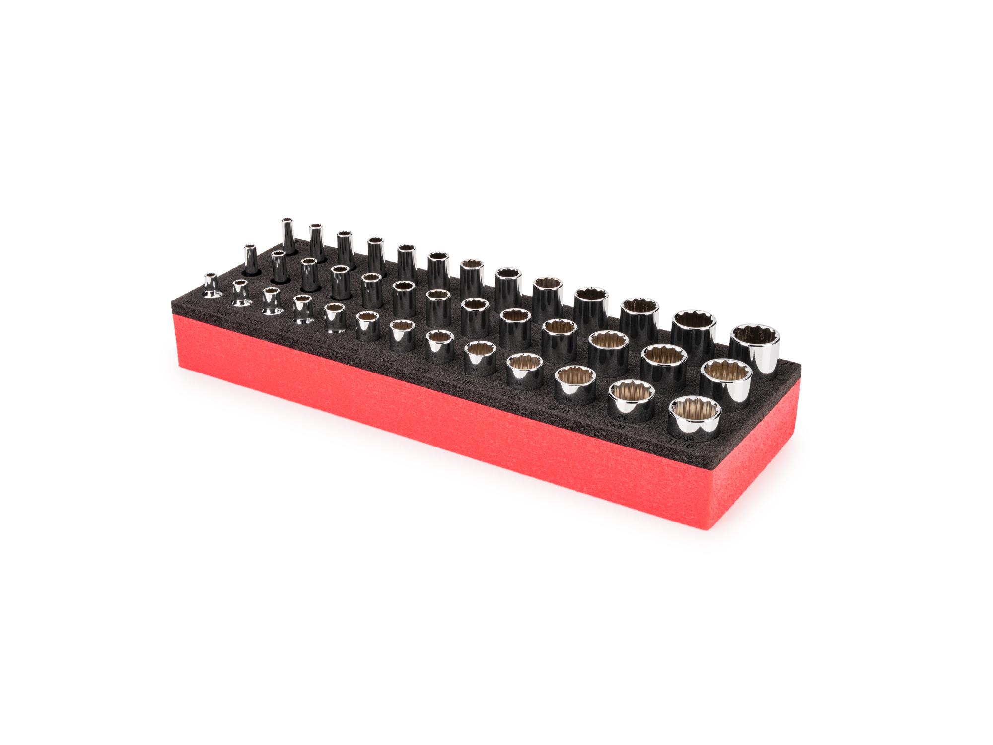 Front-right angle view of Tekton foam hand drive 12-point socket set. Item #SHD90810