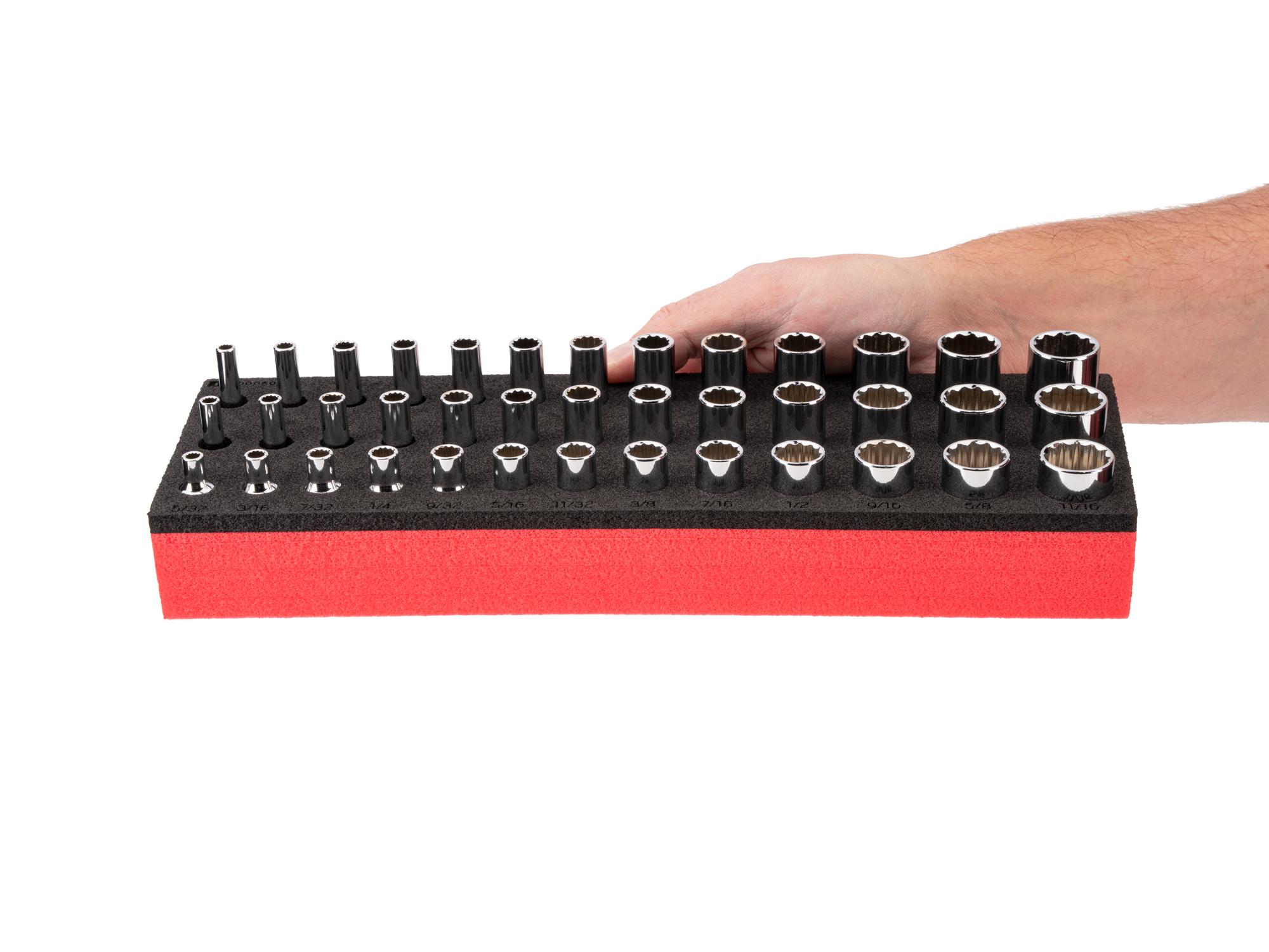 Person holding Tekton foam hand drive 12-point socket set. Item #SHD90810