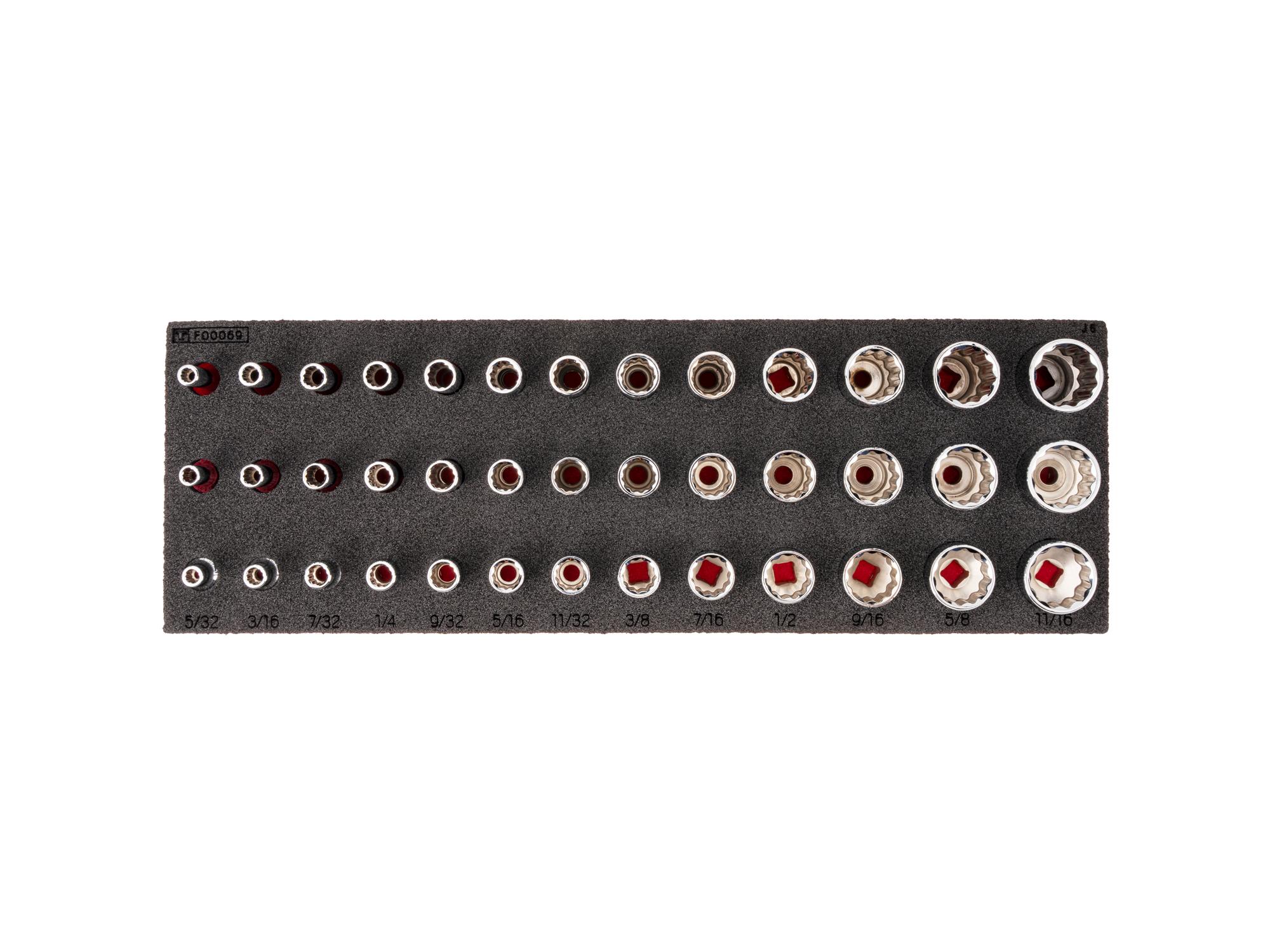 TEKTON 1/4 Inch Drive Shallow, Semi-Deep, and Deep 12-Point Socket Set with 12 x 4 Inch Foam Organizer, 39-Piece (5/32 - 11/16 in.)