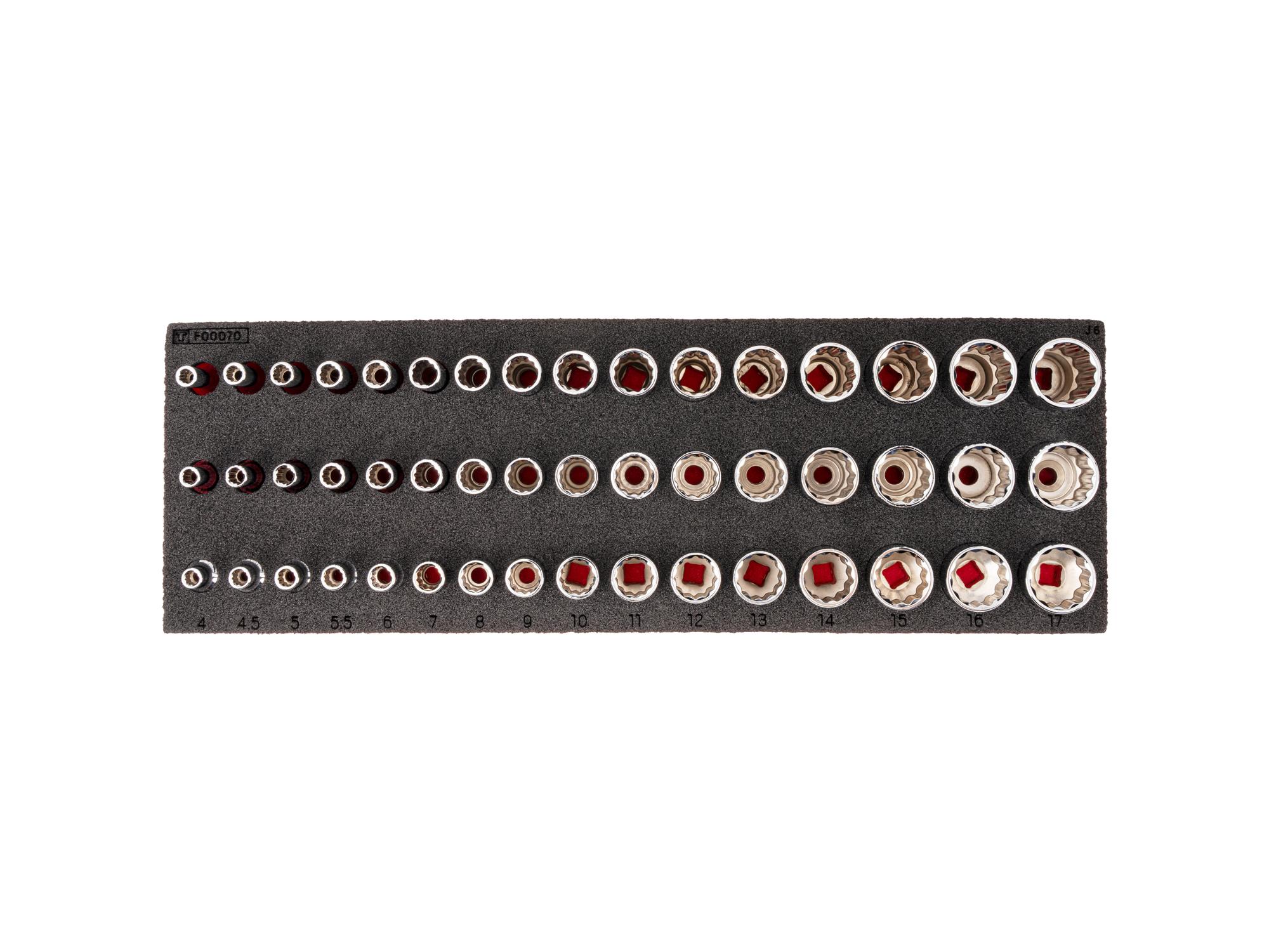 TEKTON 1/4 Inch Drive Shallow, Semi-Deep, and Deep 12-Point Socket Set with 12 x 4 Inch Foam Organizer, 48-Piece (4 - 17 mm)