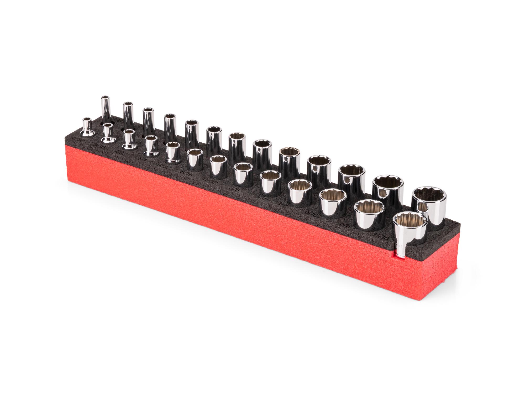 Angled view of Tekton 1/4 inch drive shallow and deep 12-point socket set. SHD90814