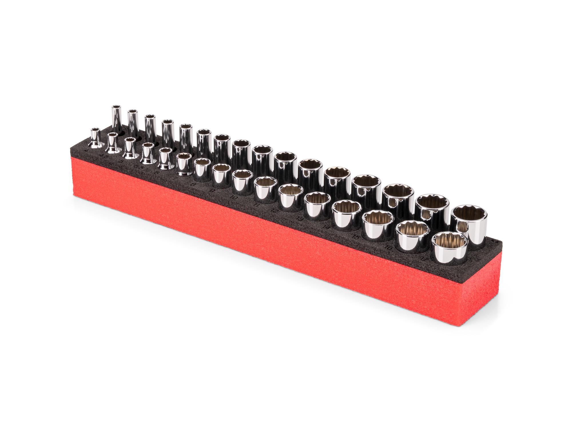 Angled view of Tekton 1/4 inch drive shallow and deep 12-point socket set with foam organizer. SHD90815