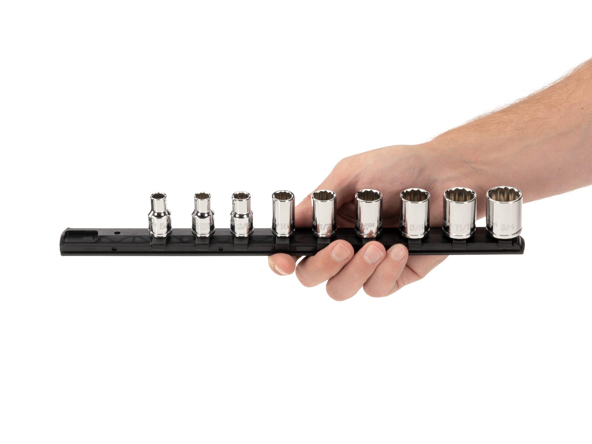 Person holding Tekton rail hand drive 12-point socket set. Item #SHD91103