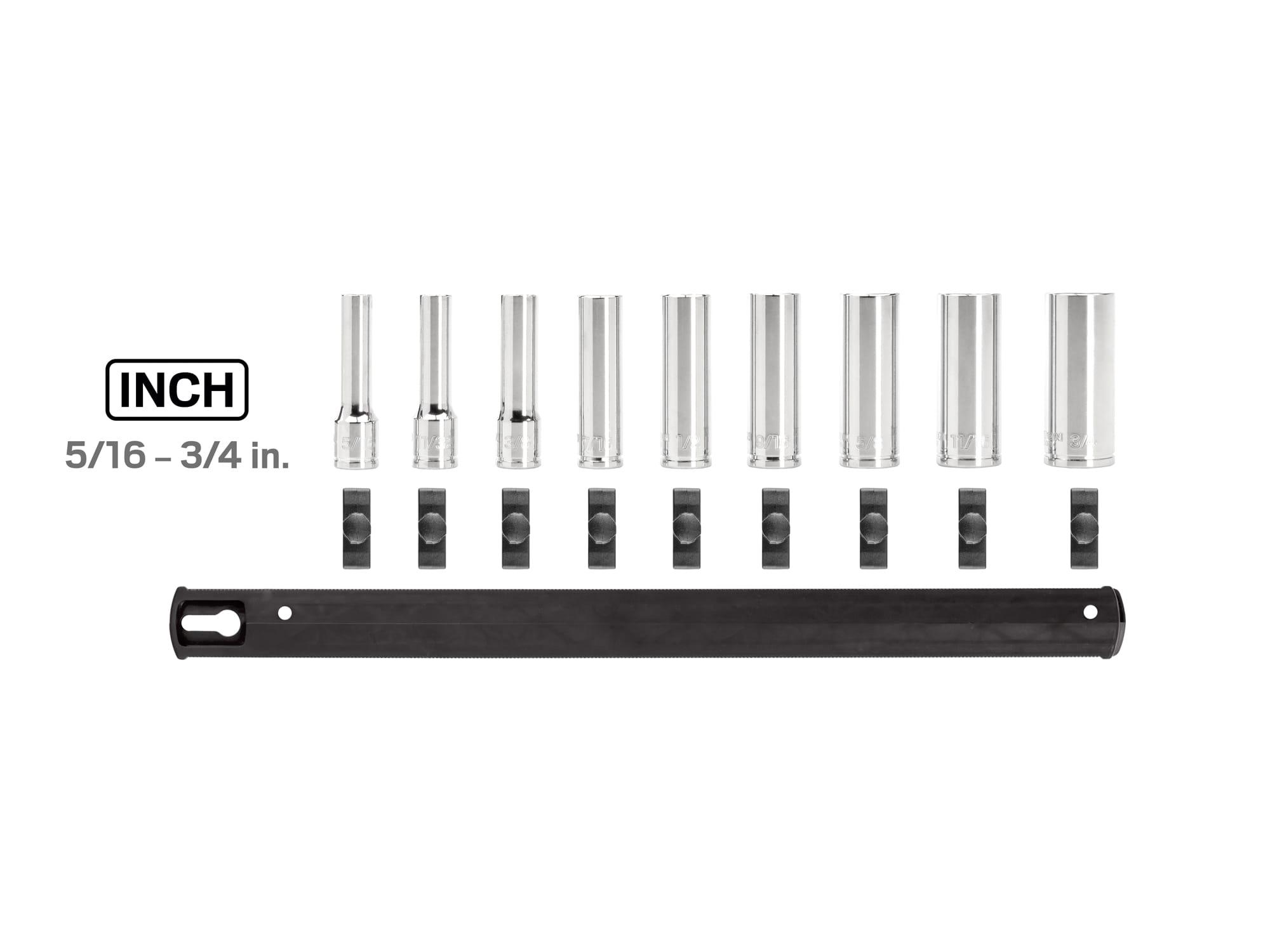Laid out contents of Tekton rail hand drive 12-point socket set. Item #SHD91107