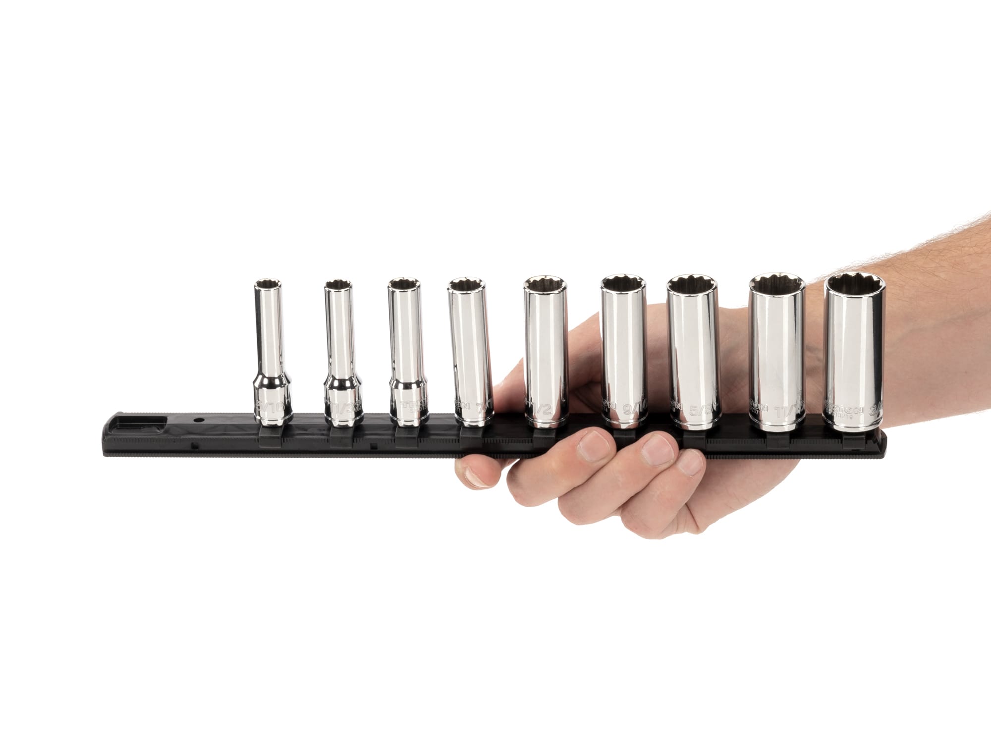 TEKTON 3/8 Inch Drive Deep 12-Point Socket Set with Rail, 9-Piece (5/16-3/4 in.)