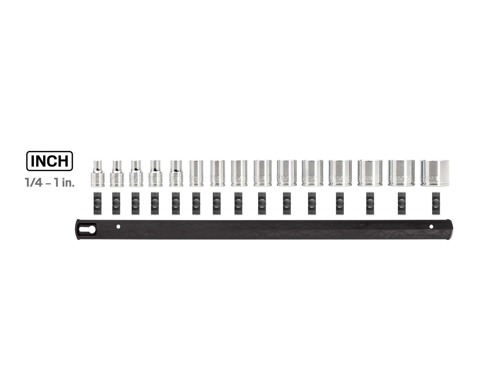 Laid out contents of Tekton rail hand drive 12-point socket set. Item #SHD91111