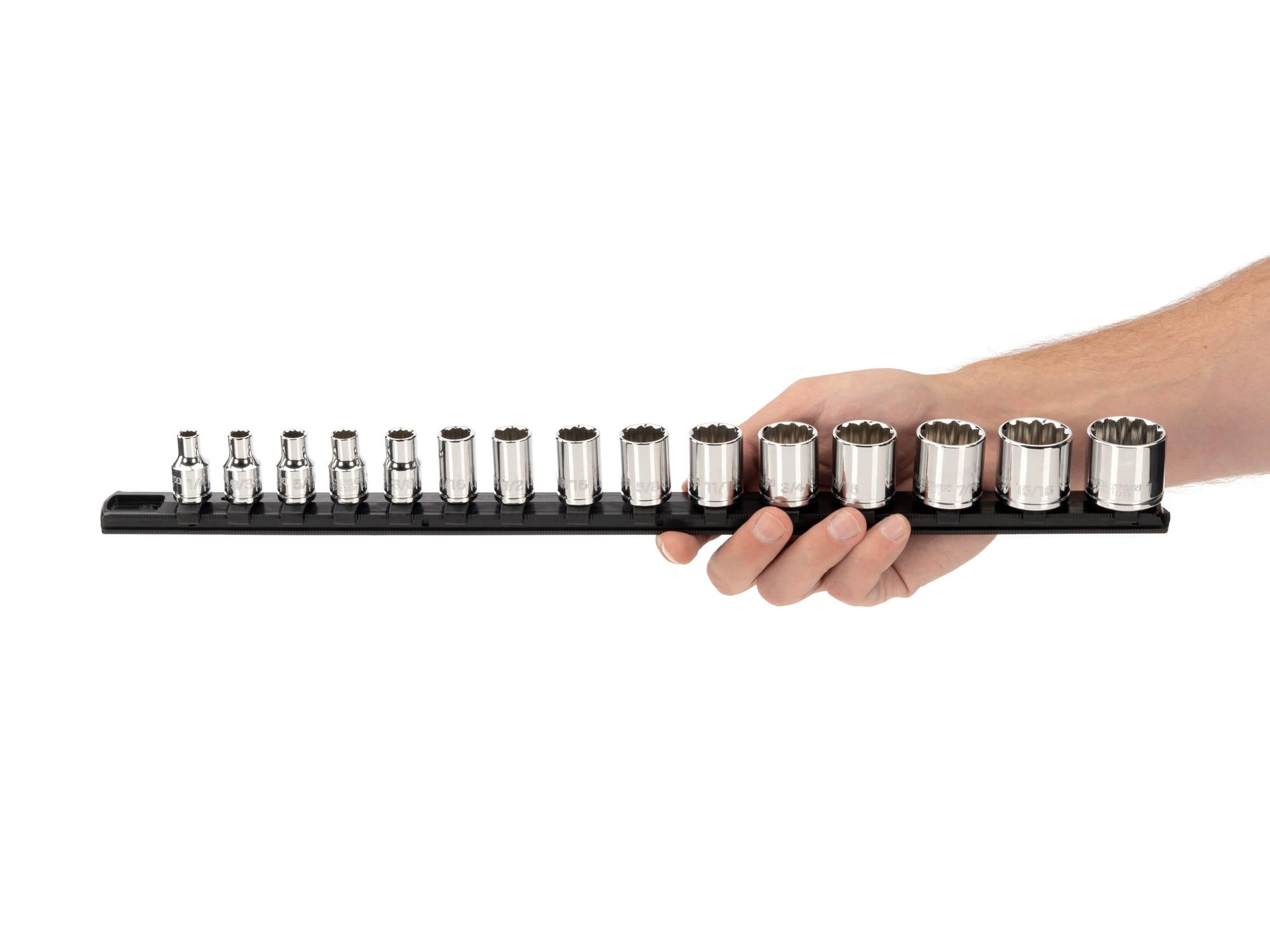 Person holding Tekton rail hand drive 12-point socket set. Item #SHD91111