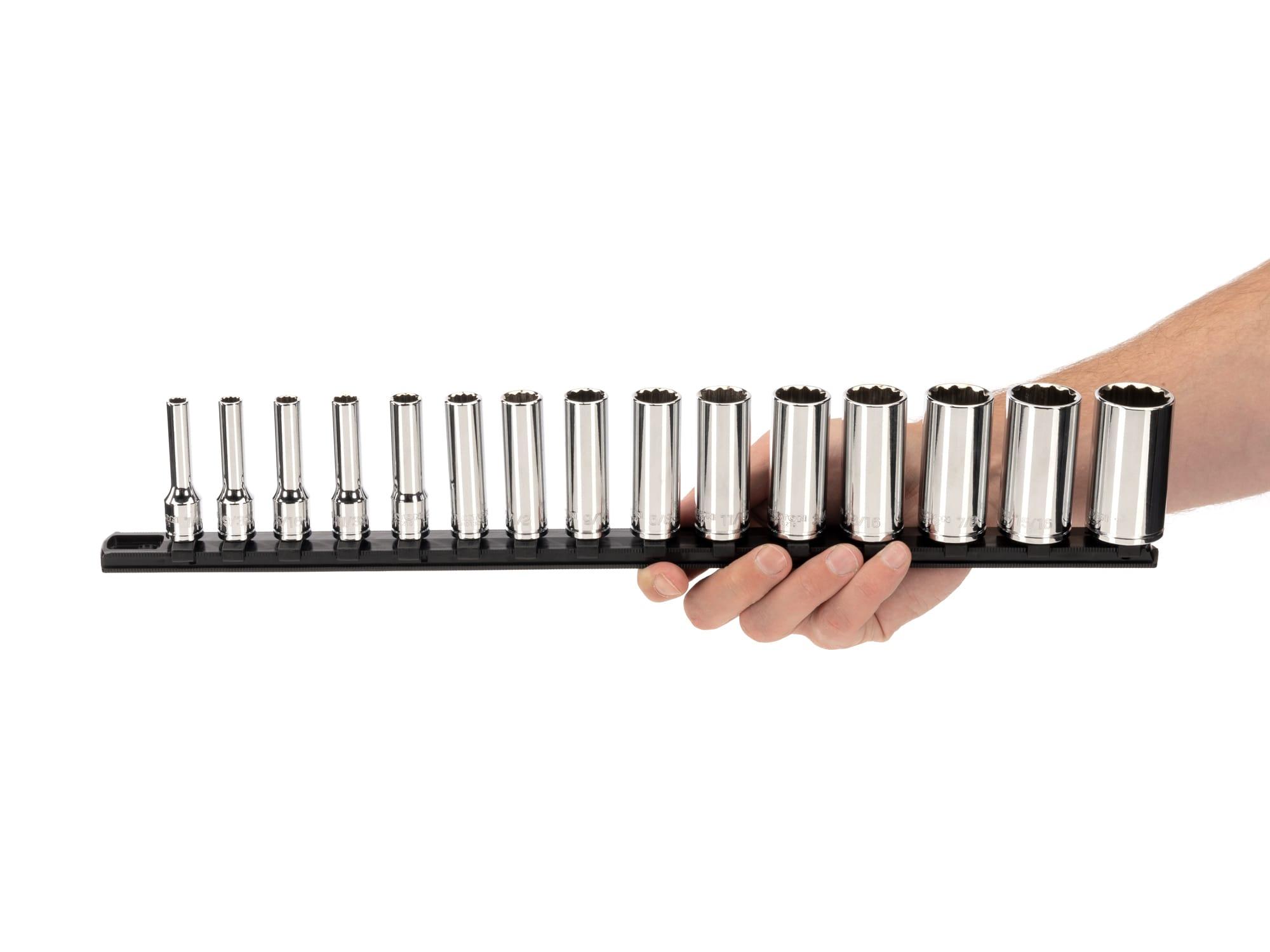Person holding Tekton rail hand drive 12-point socket set. Item #SHD91115