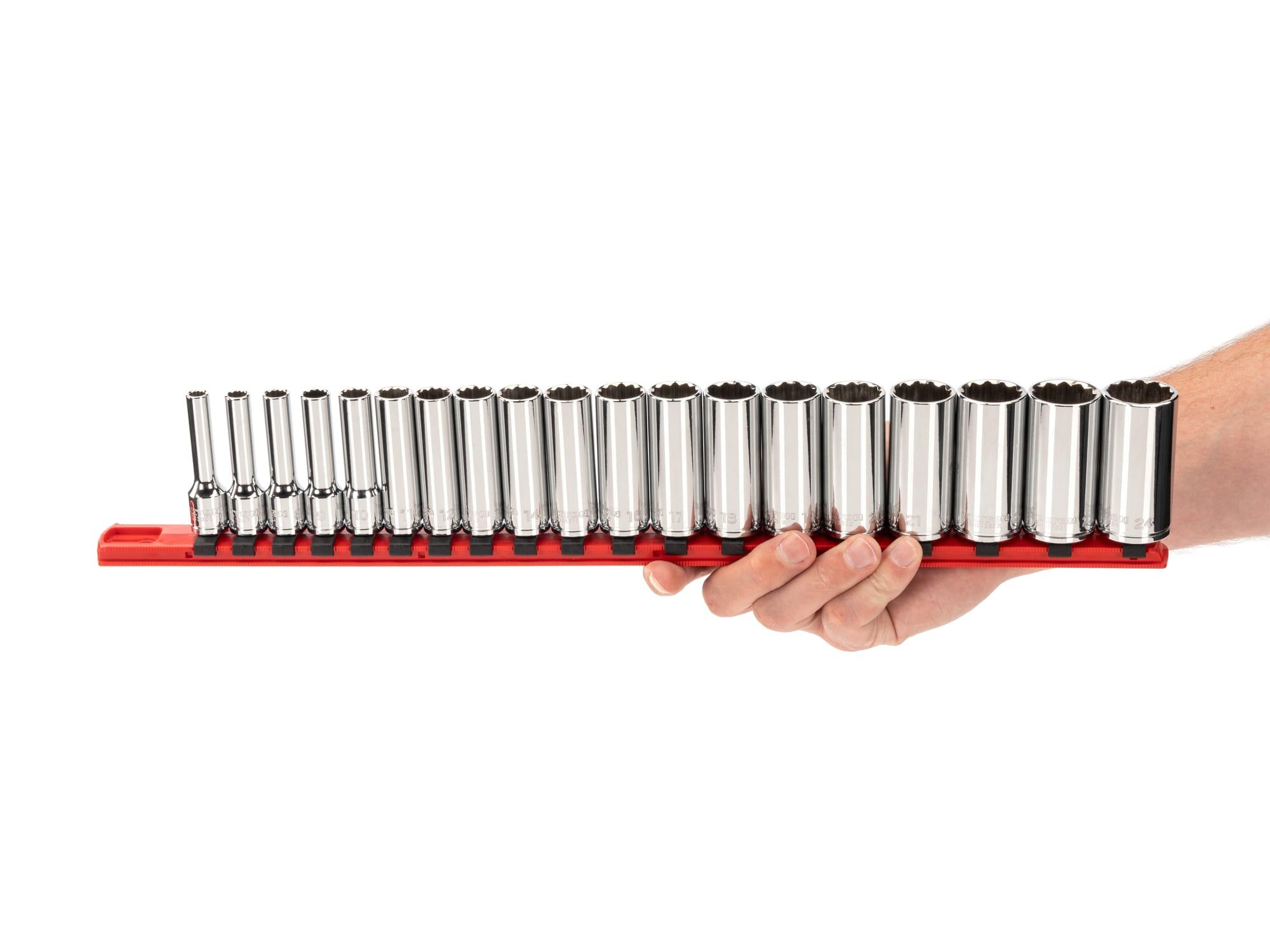Person holding Tekton rail hand drive 12-point socket set. Item #SHD91116