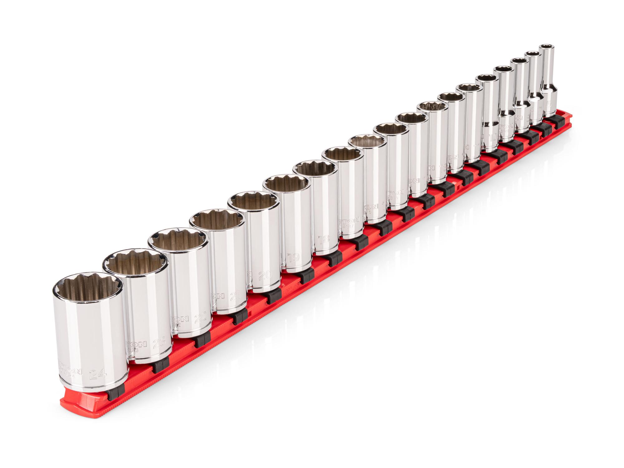 Front-right angle view of Tekton rail hand drive 12-point socket set. Item #SHD91122