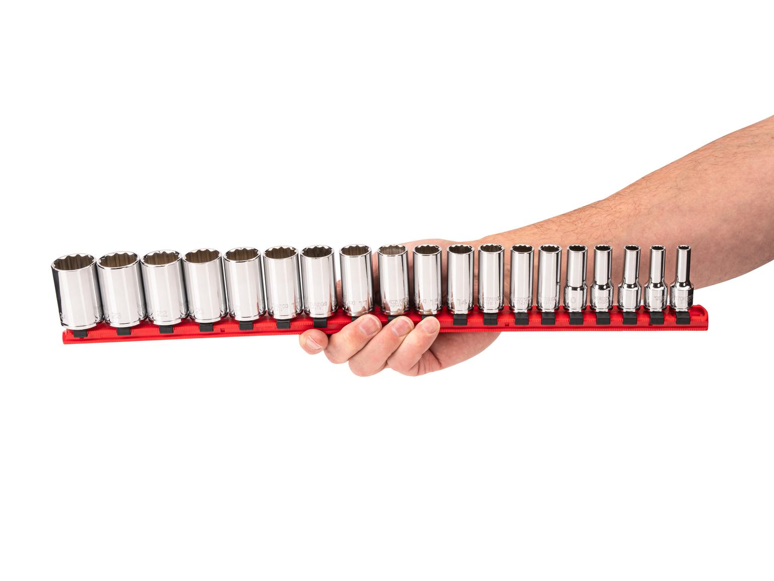 Person holding Tekton hand drive 12-point socket set. Item #SHD91122