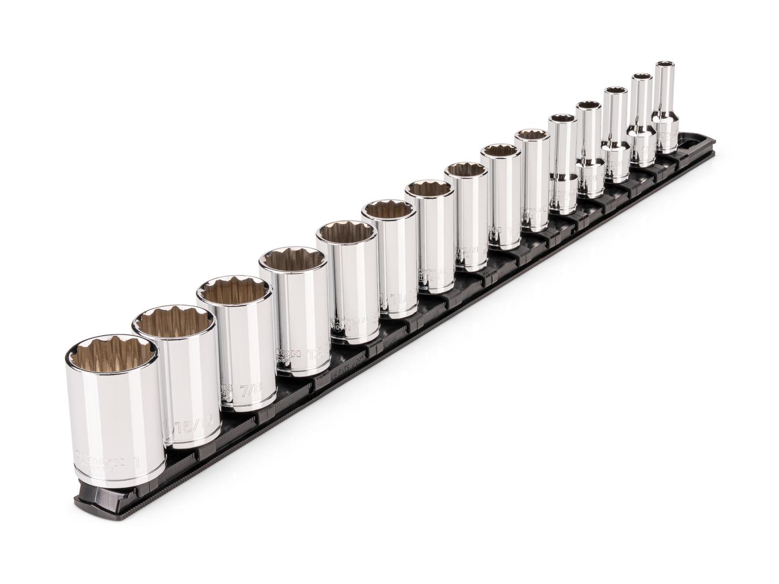 Front-right angle view of Tekton hand drive 12-point socket set. Item #SHD91123