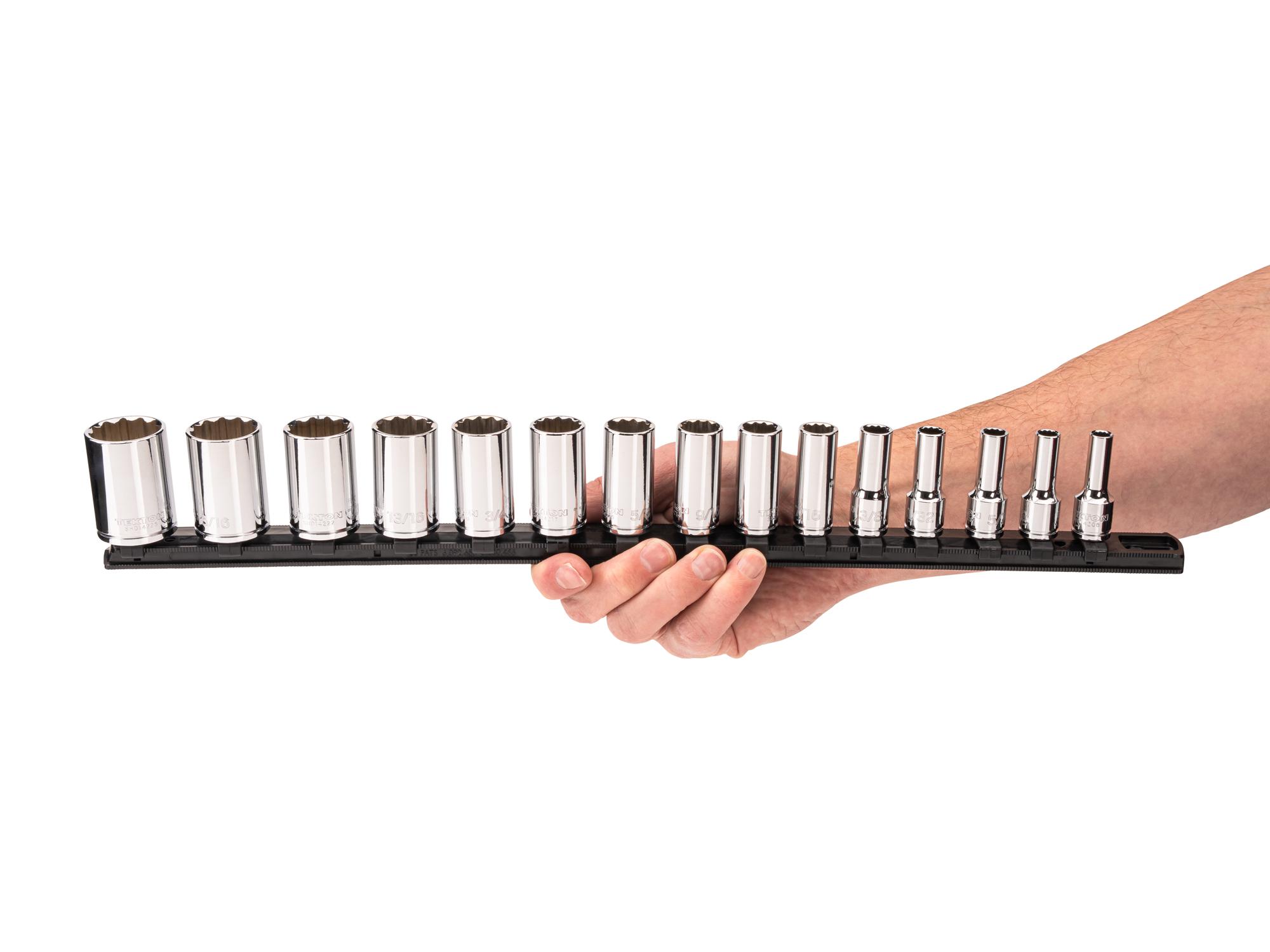Person holding Tekton rail hand drive 12-point socket set. Item #SHD91123