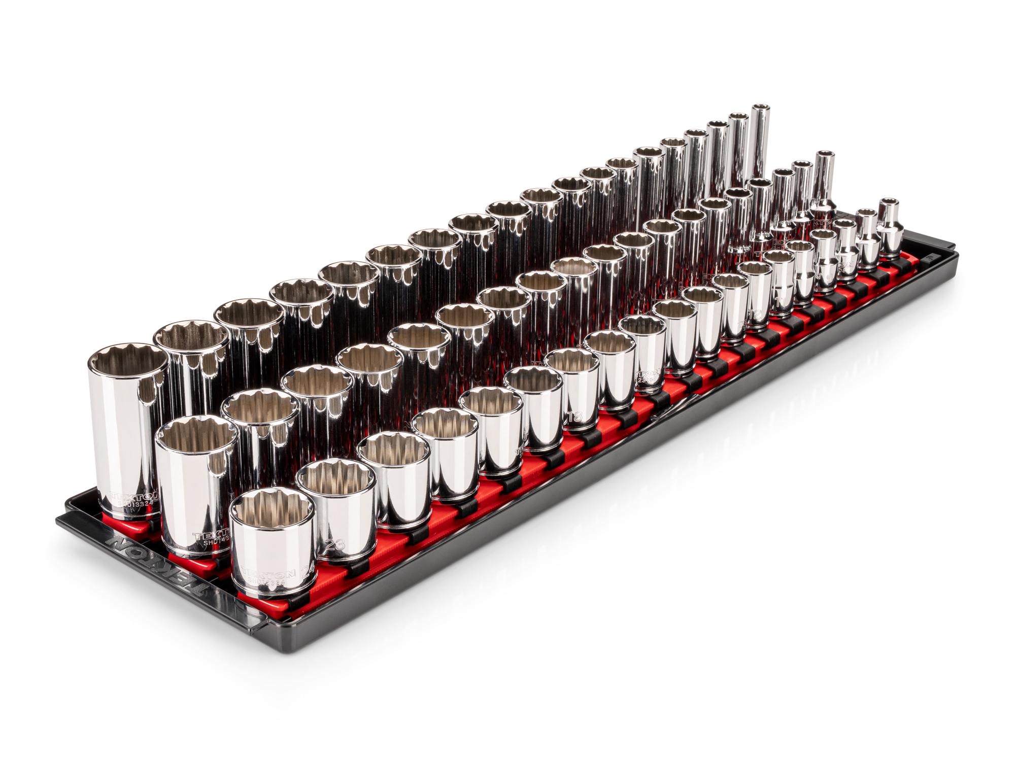 Front-right angle view of Tekton rail and tray hand drive 12-point socket set. Item #SHD91126