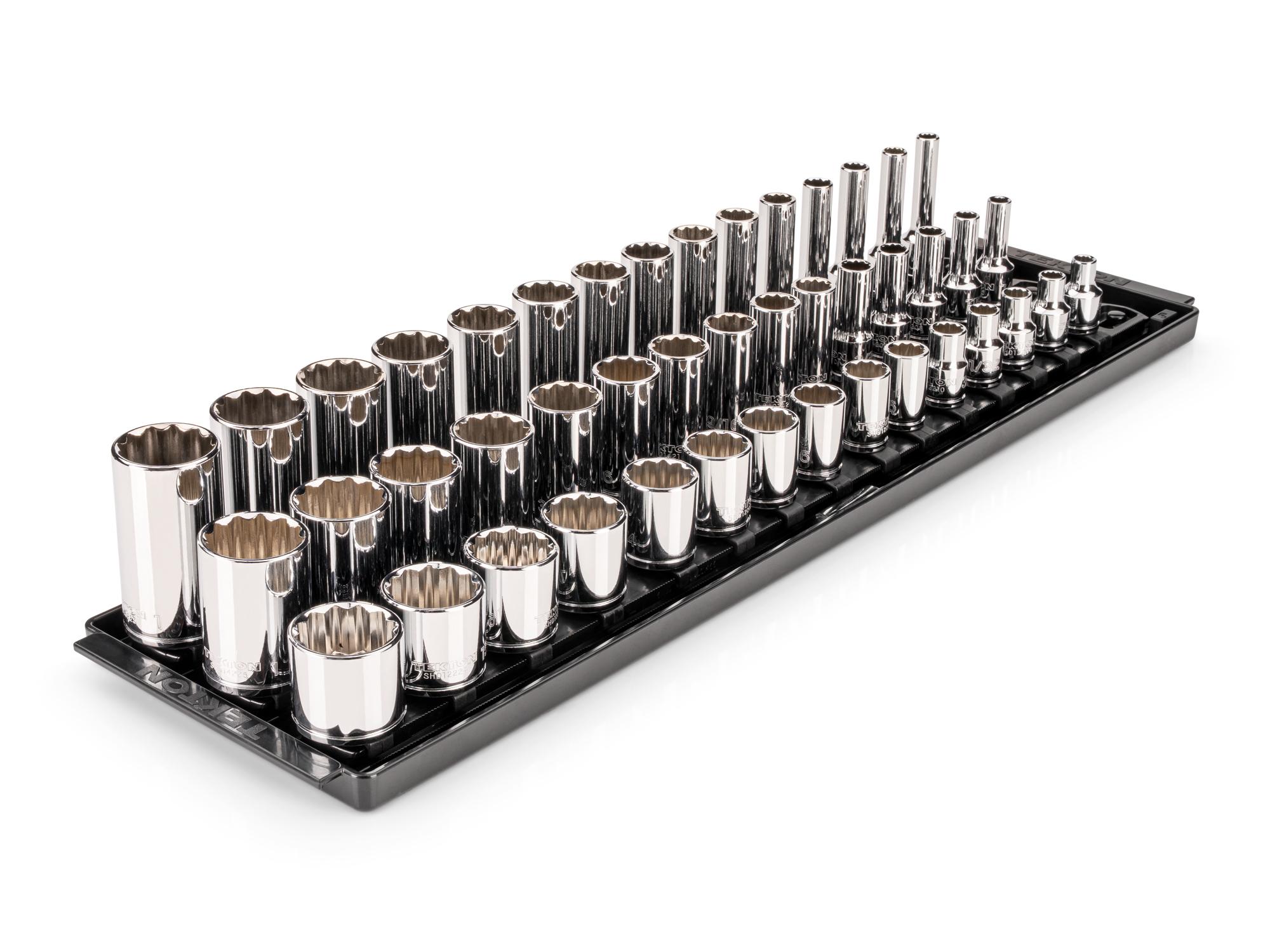 Front-right angle view of Tekton rail and tray hand drive 12-point socket set. Item #SHD91127