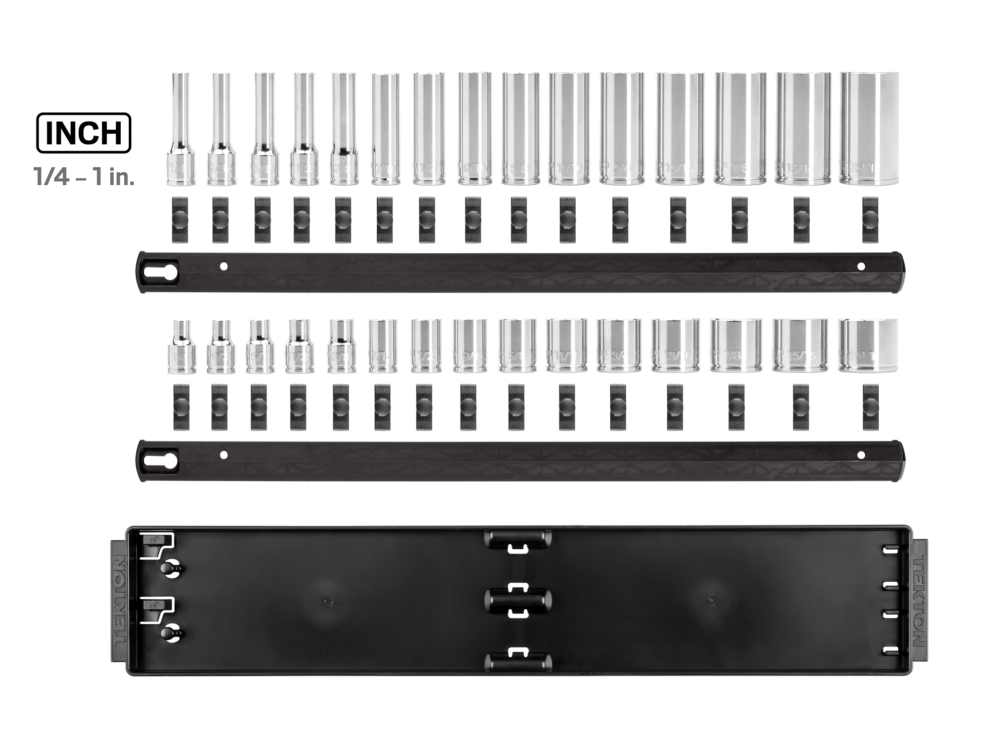 Includes: 1/4-1 inch (SAE) 12-point standard and deep sockets. No skipped sizes. Comes with rail and tray storage. SHD91210.