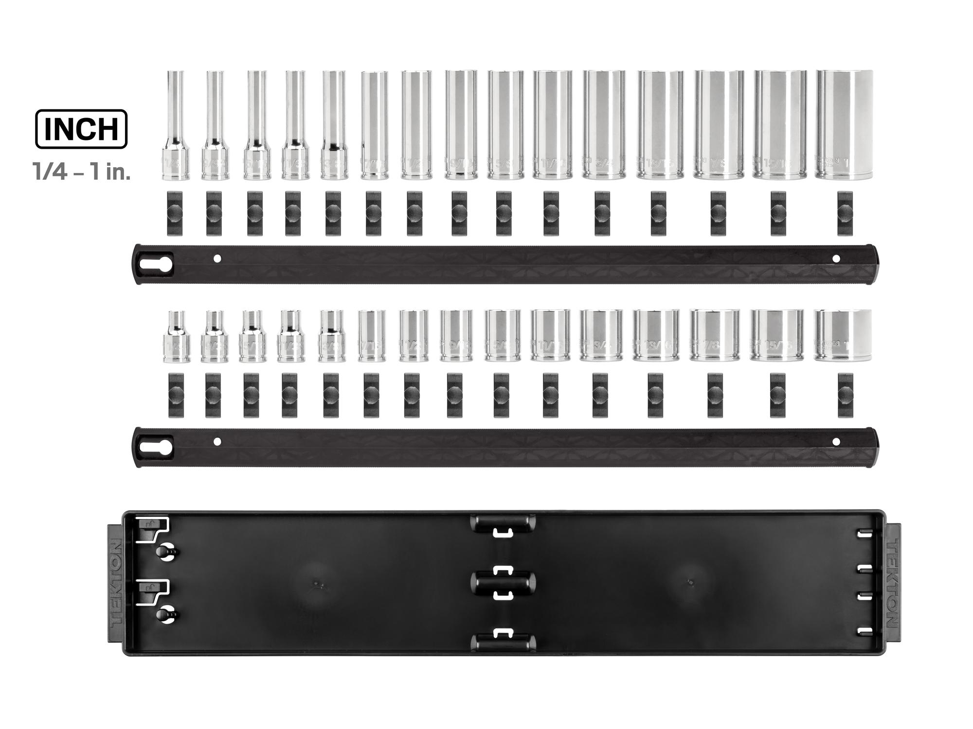 Laid out contents of Tekton rail and tray hand drive 12-point socket set. Item #SHD91210
