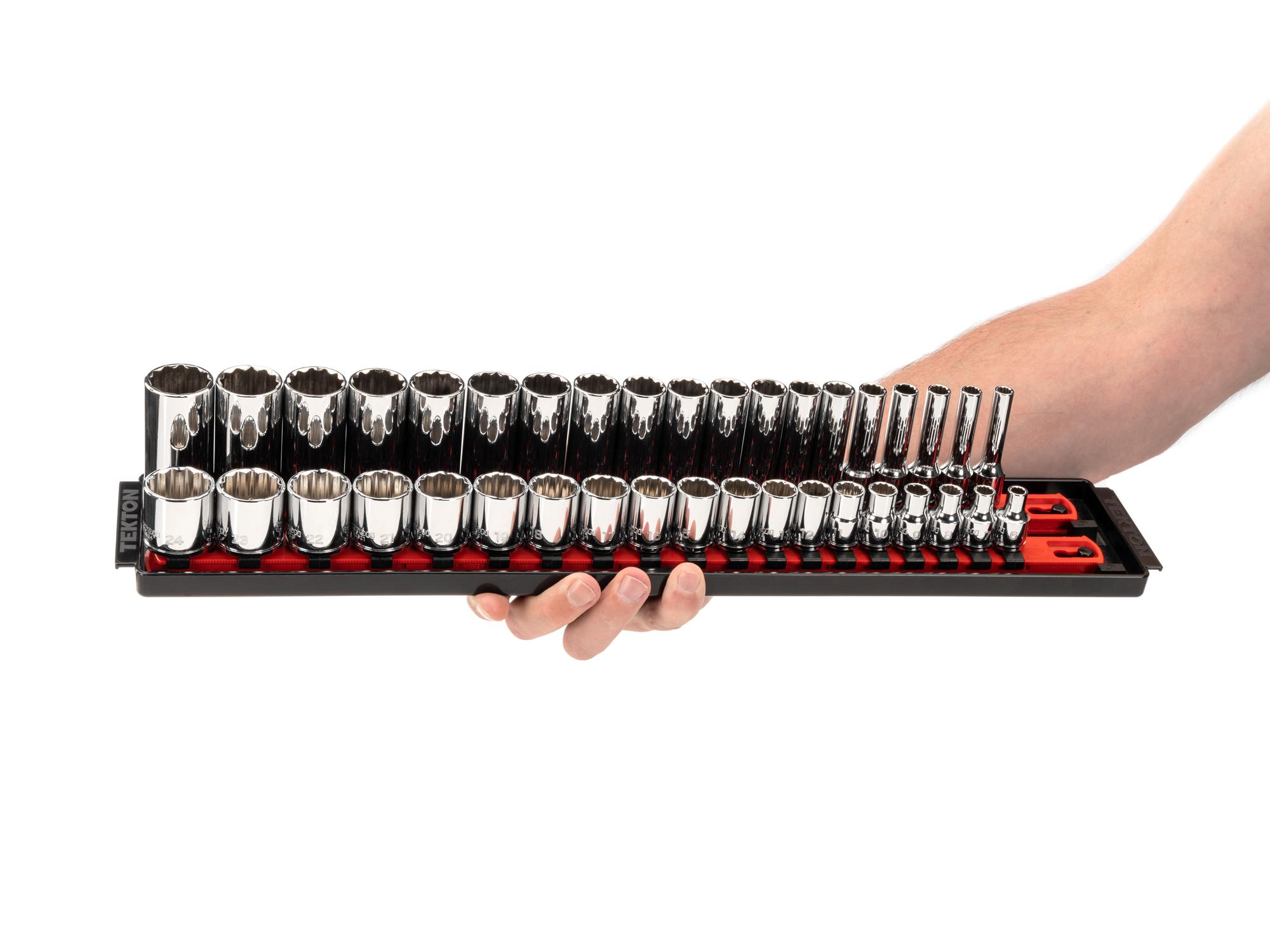 Person holding Tekton rail hand drive 12-point socket set. Item #SHD91212