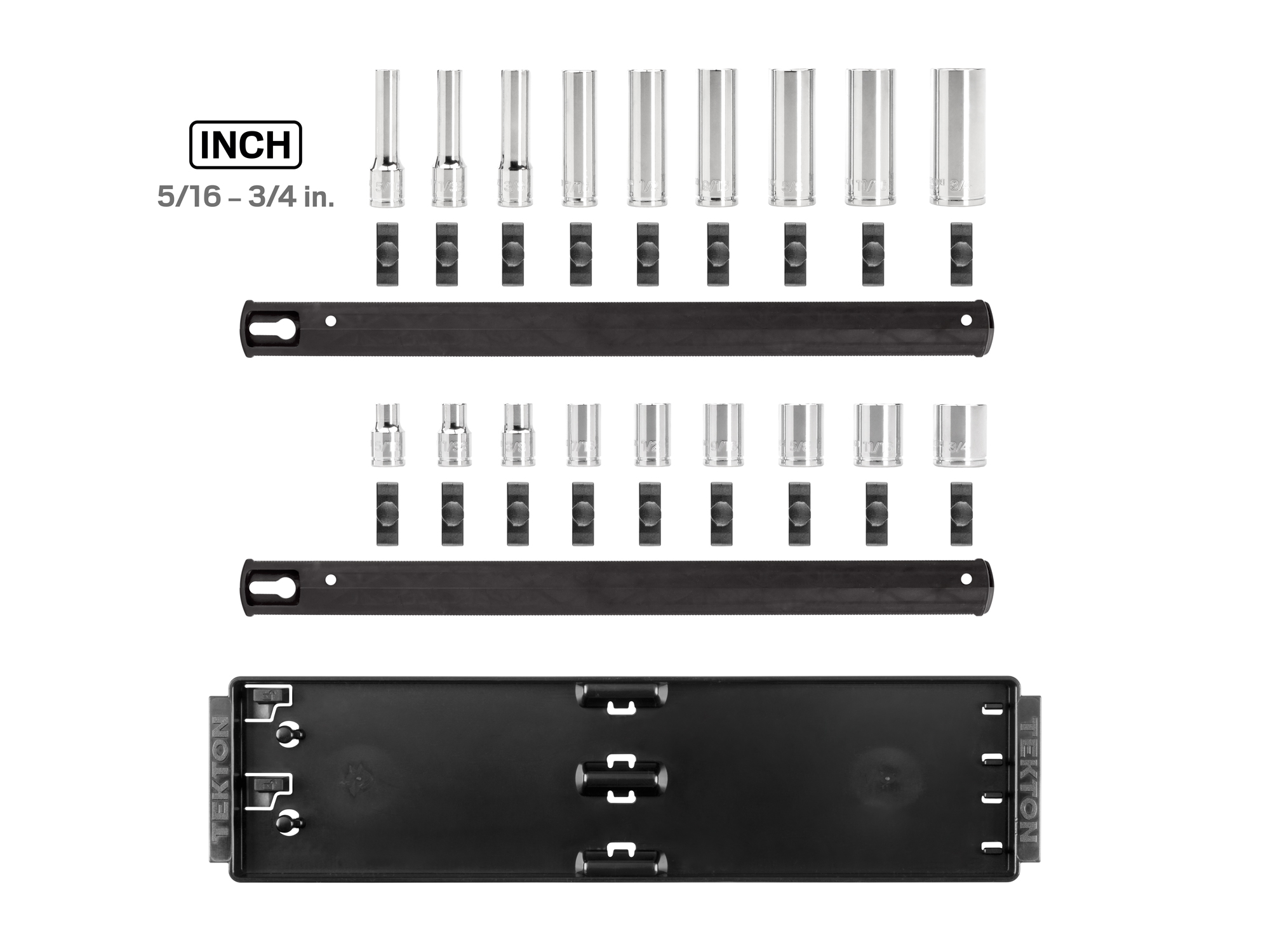 Includes: 5/16-3/4 inch (SAE) 12-point standard and deep sockets. No skipped sizes. Comes with rail and tray storage. SHD91214.