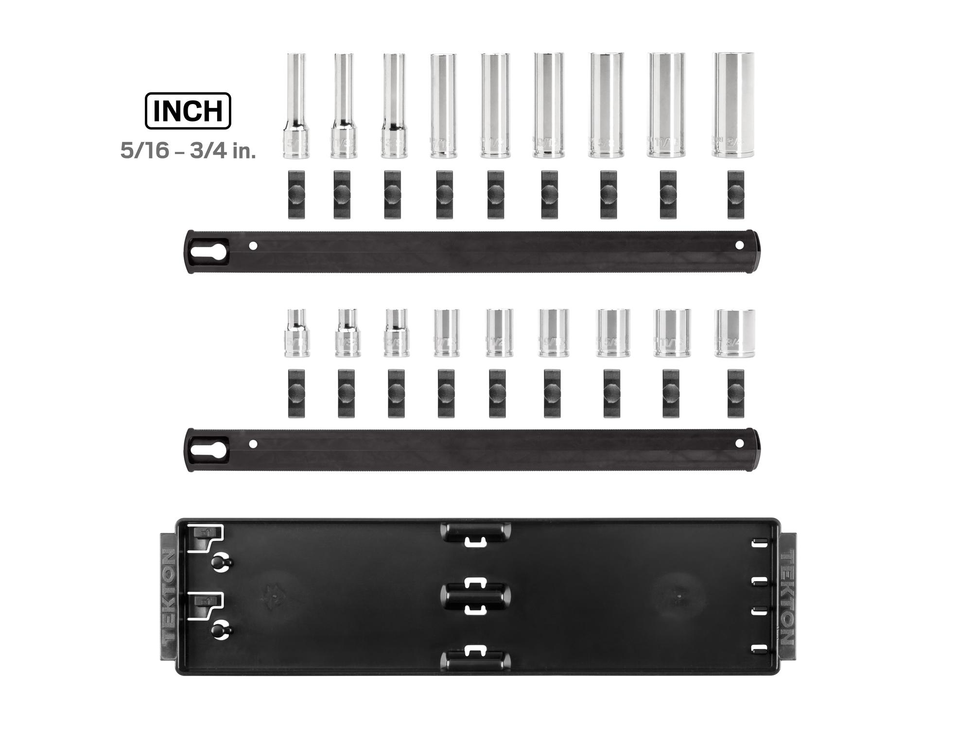 Laid out contents of Tekton rail and tray hand drive 12-point socket set. Item #SHD91214