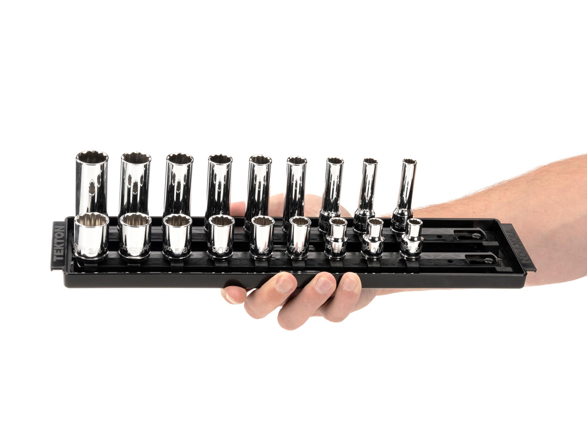 Person holding Tekton rail and tray hand drive 12-point socket set. Item #SHD91214