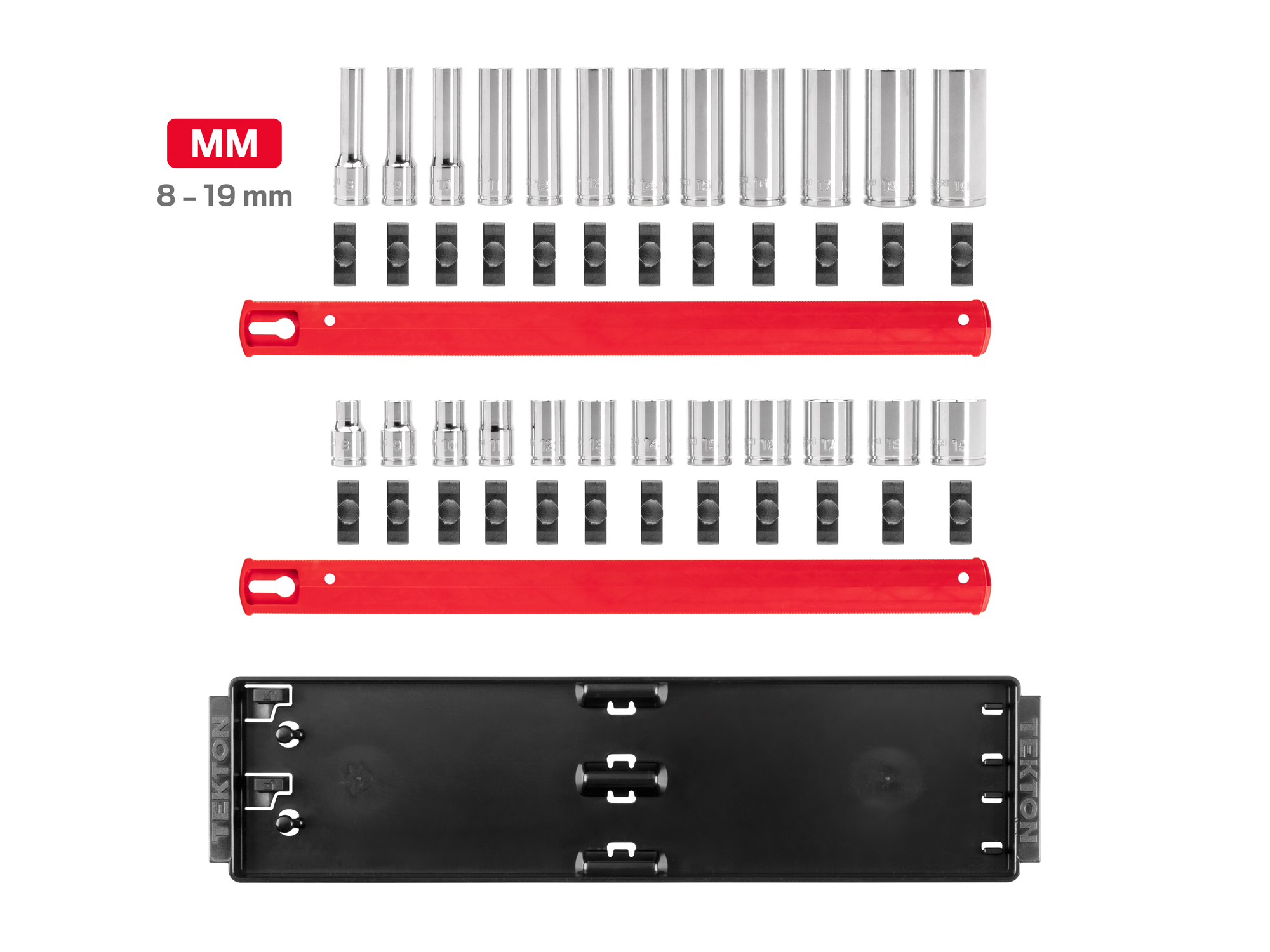 Includes: 8-19 mm (Metric) 12-point standard and deep sockets. No skipped sizes. Comes with rail and tray storage. SHD91216.