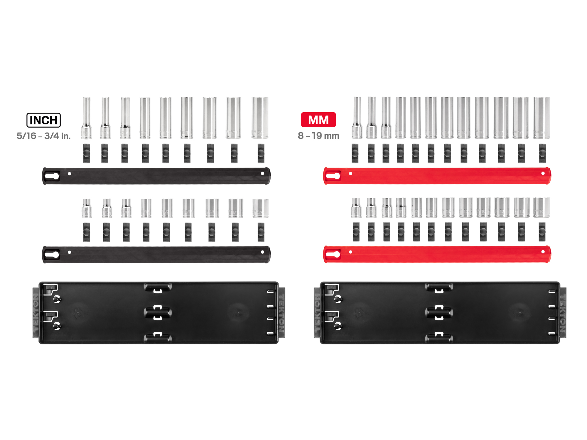 Includes 5/16-3/4 inch (SAE), 8-19 mm (Metric) 12-point sockets. No skipped sizes. Comes with rail storage. SHD91219.