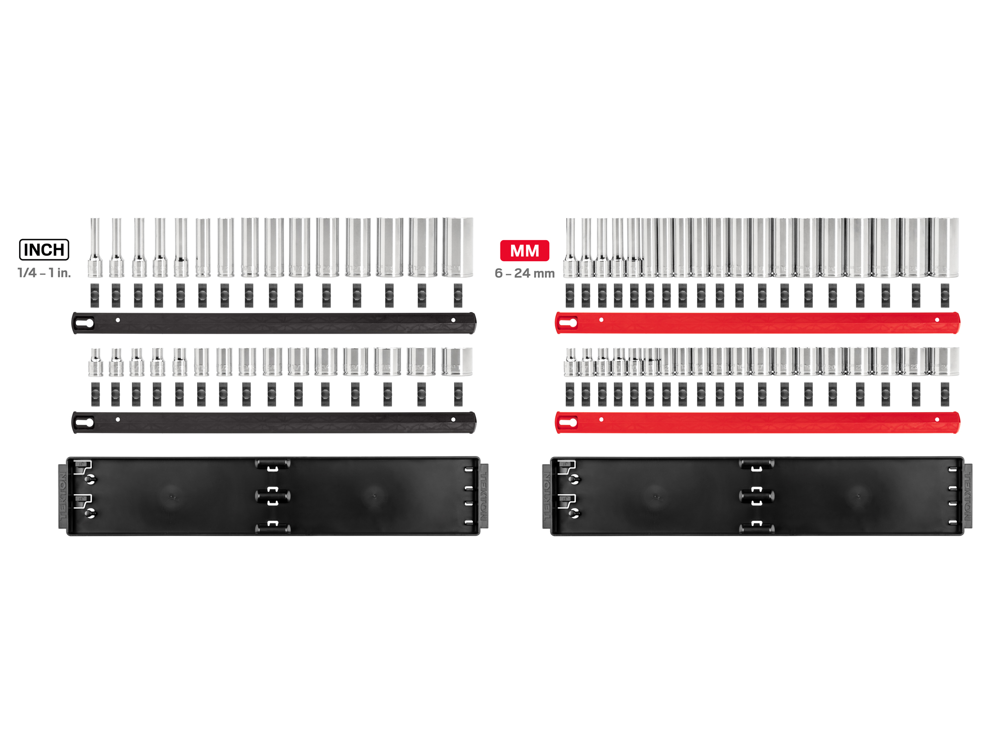 Includes 1/4-1 inch (SAE), 6-24 mm (Metric) 12-point sockets. No skipped sizes. Comes with rail storage. SHD91221.