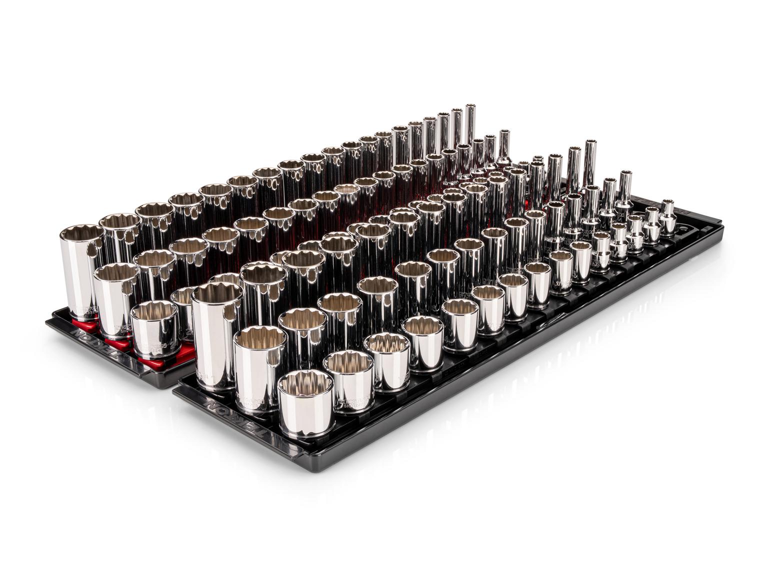 Front-right angle view of Tekton hand drive 12-point socket set. Item #SHD91223