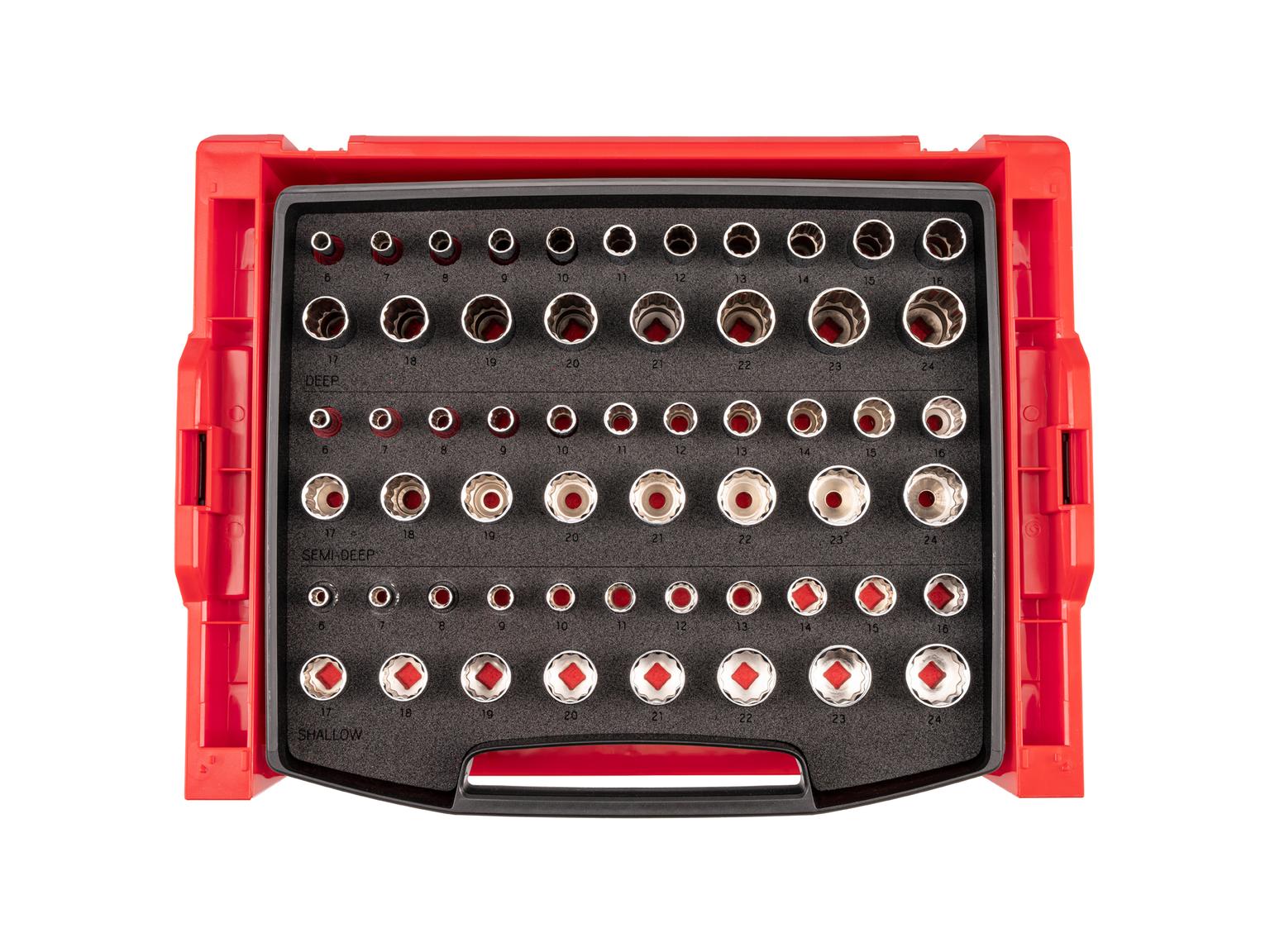 3/8 Inch Shallow, Semi-Deep, and Deep 12-Point Socket Set with Open Top Drawer and Rack (57-Piece)