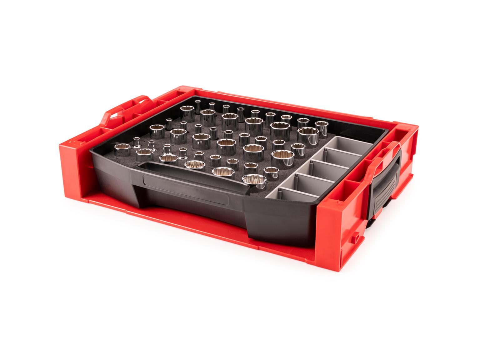 Front-right angle view of Tekton hand drive 12-point socket set. Item #SHD91703
