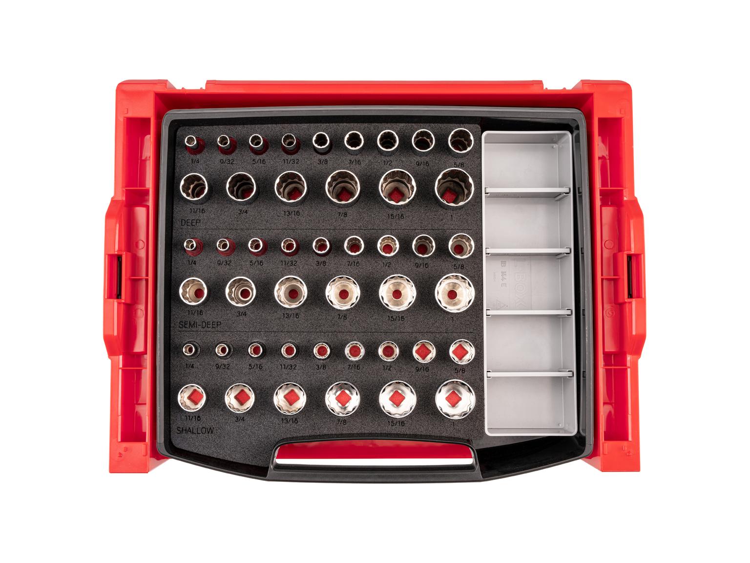 3/8 Inch Shallow, Semi-Deep, and Deep 12-Point Socket Set with Open Top Drawer and Rack (45-Piece)