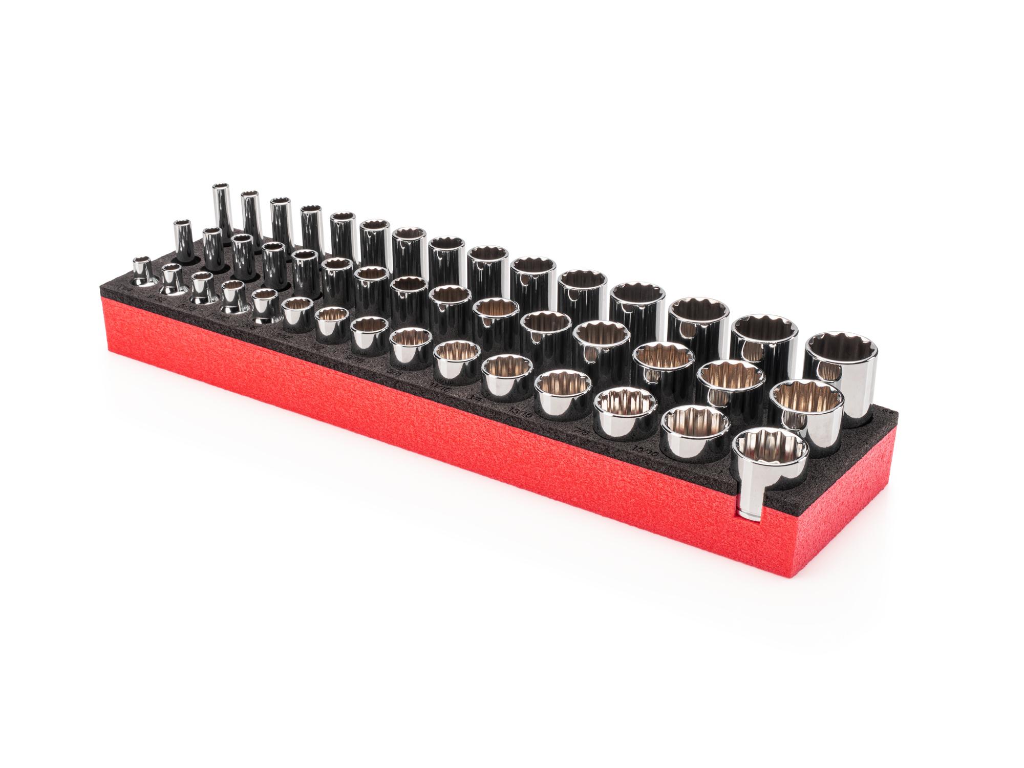 Front-right angle view of Tekton foam hand drive 12-point socket set. Item #SHD91802