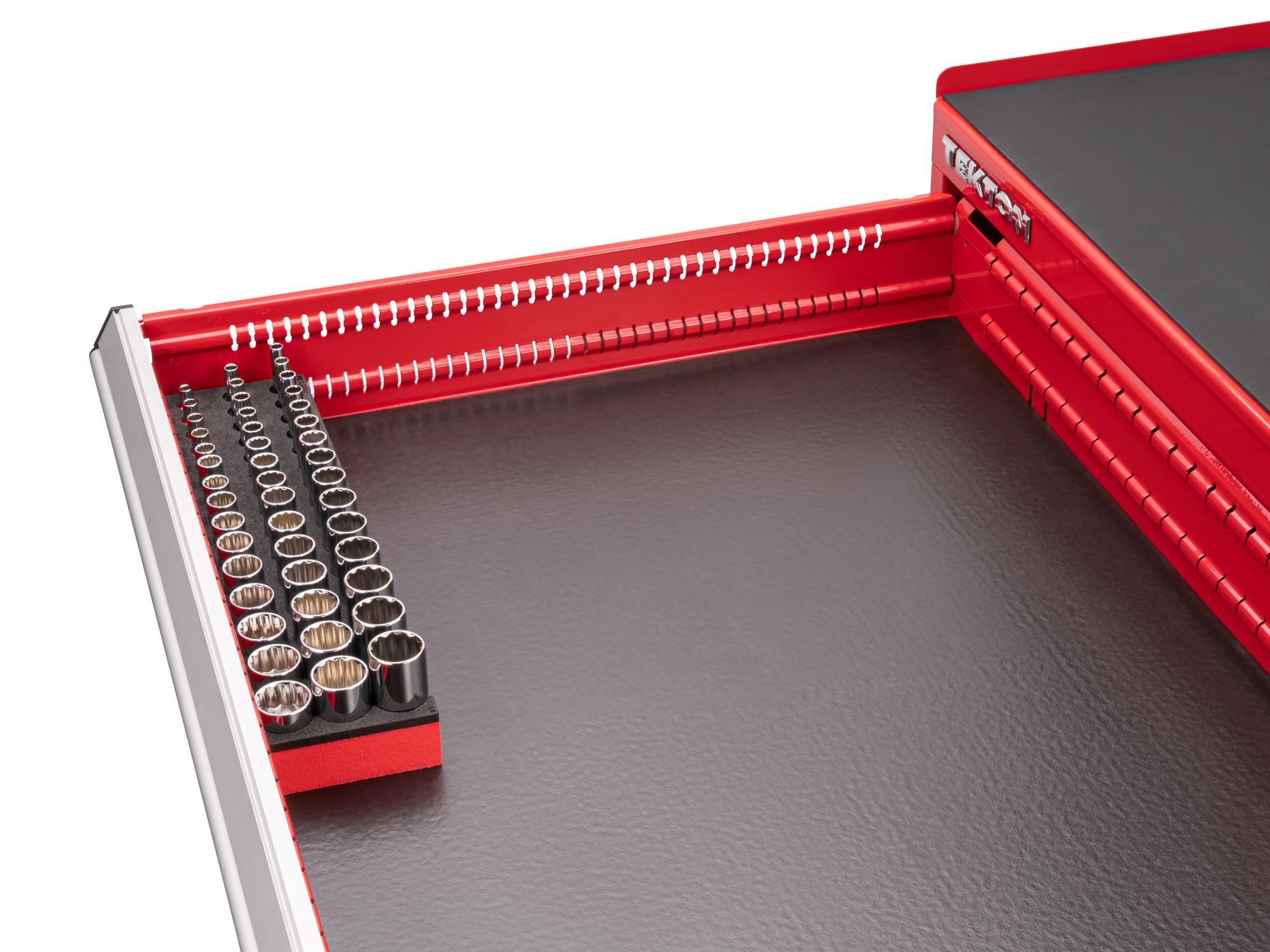 Front angled view of Tekton foam hand drive 12-point socket set in a tool cabinet drawer. Item #SHD91802
