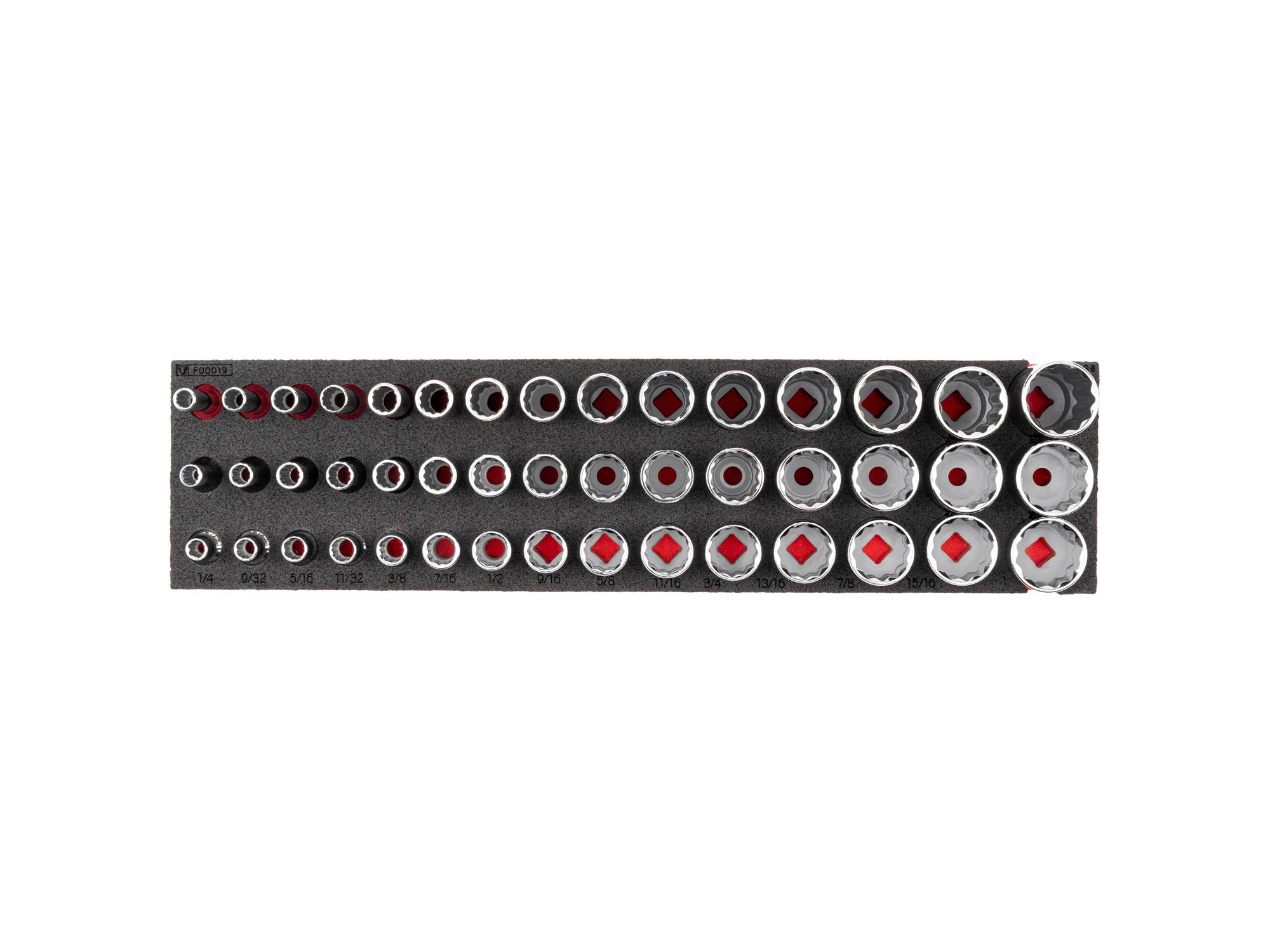 TEKTON 3/8 Inch Drive Shallow, Semi-Deep, and Deep 12-Point Socket Set with 16 x 4 Inch Foam Organizer, 45-Piece (1/4 - 1 in.)