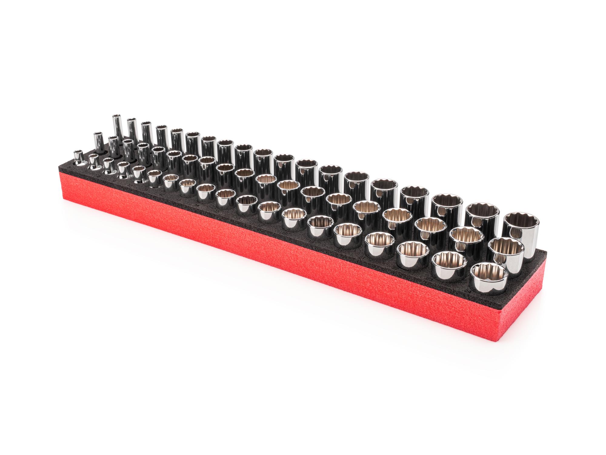 Front-right angle view of Tekton foam hand drive 12-point socket set. Item #SHD91803