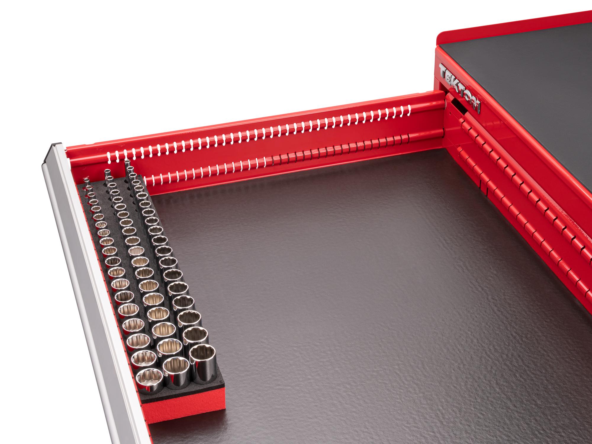 Front angled view of Tekton foam hand drive 12-point socket set in a tool cabinet drawer. Item #SHD91803