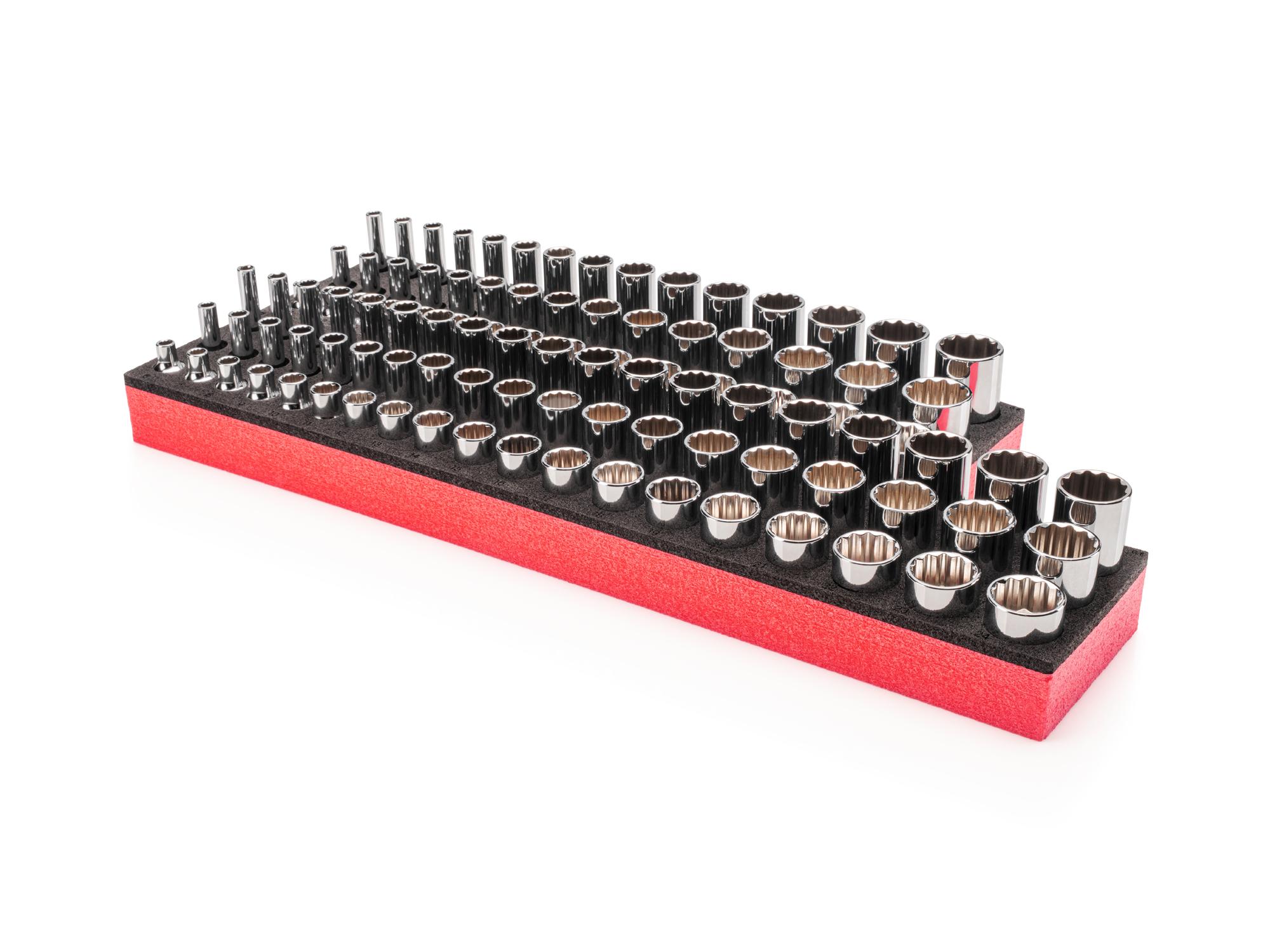 Front-right angle view of Tekton foam hand drive 12-point socket set. Item #SHD91807