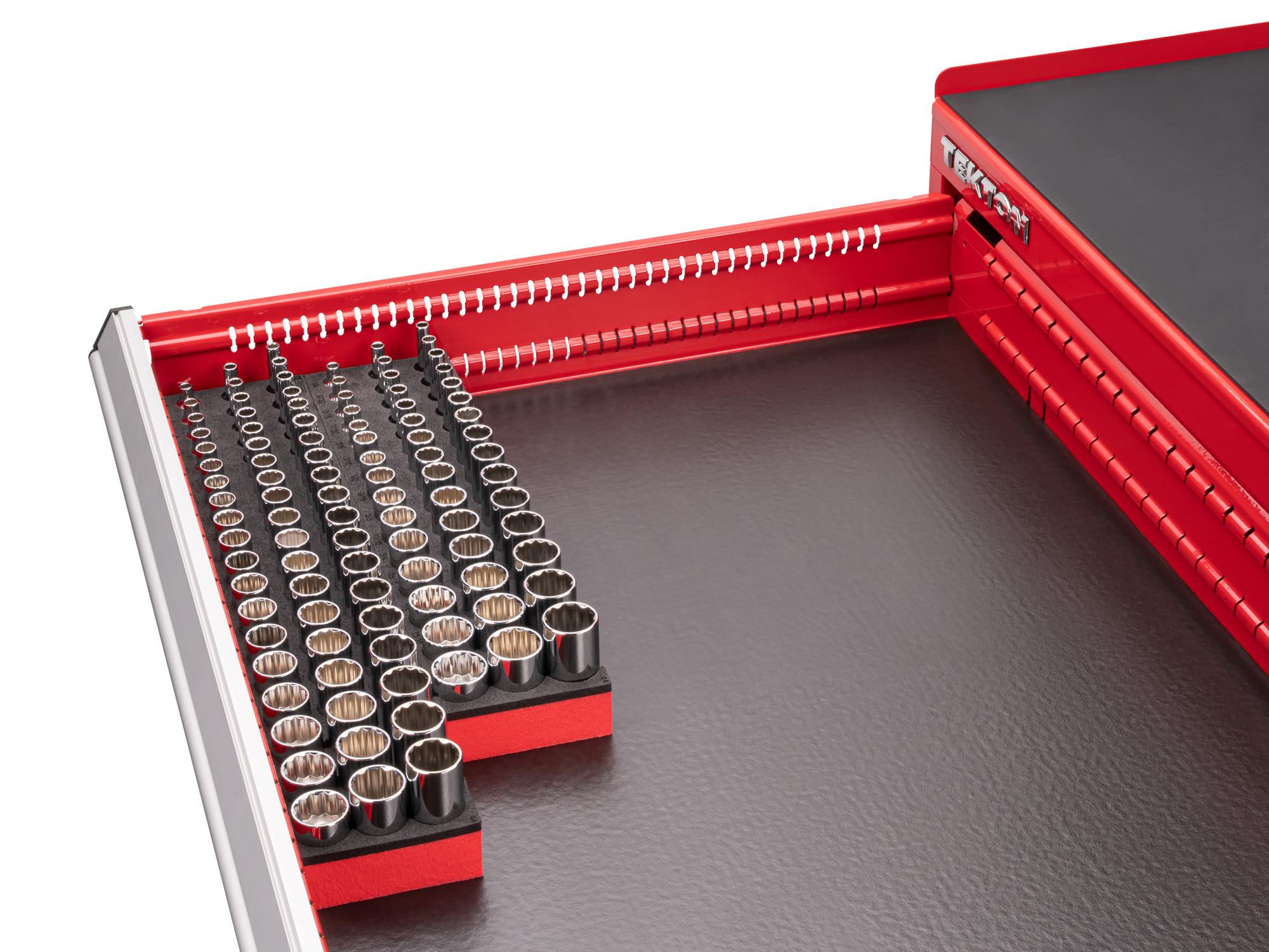 Front angled view of Tekton foam hand drive 12-point socket set in a tool cabinet drawer. Item #SHD91807