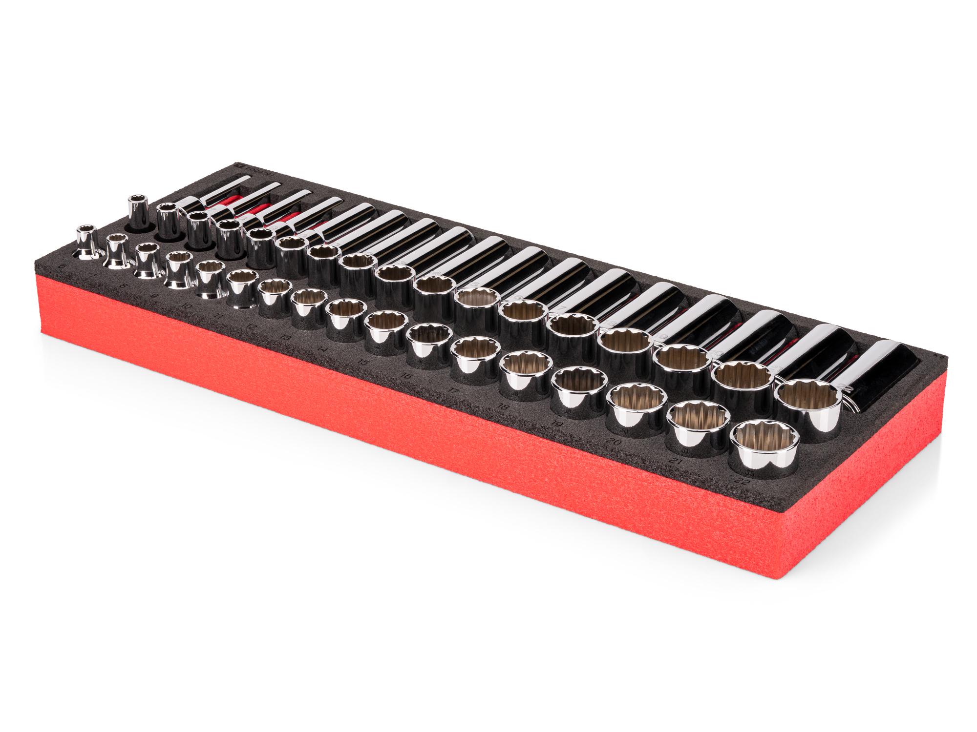 Angled view of red Tekton 3/8 inch drive 12-point socket set with foam organizer. SHD91812