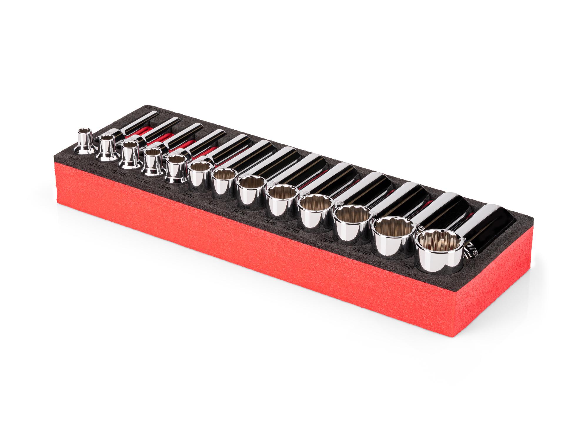 Angled view of red Tekton 3/8 inch Drive Shallow and Deep 12-Point Socket Set. SHD91813