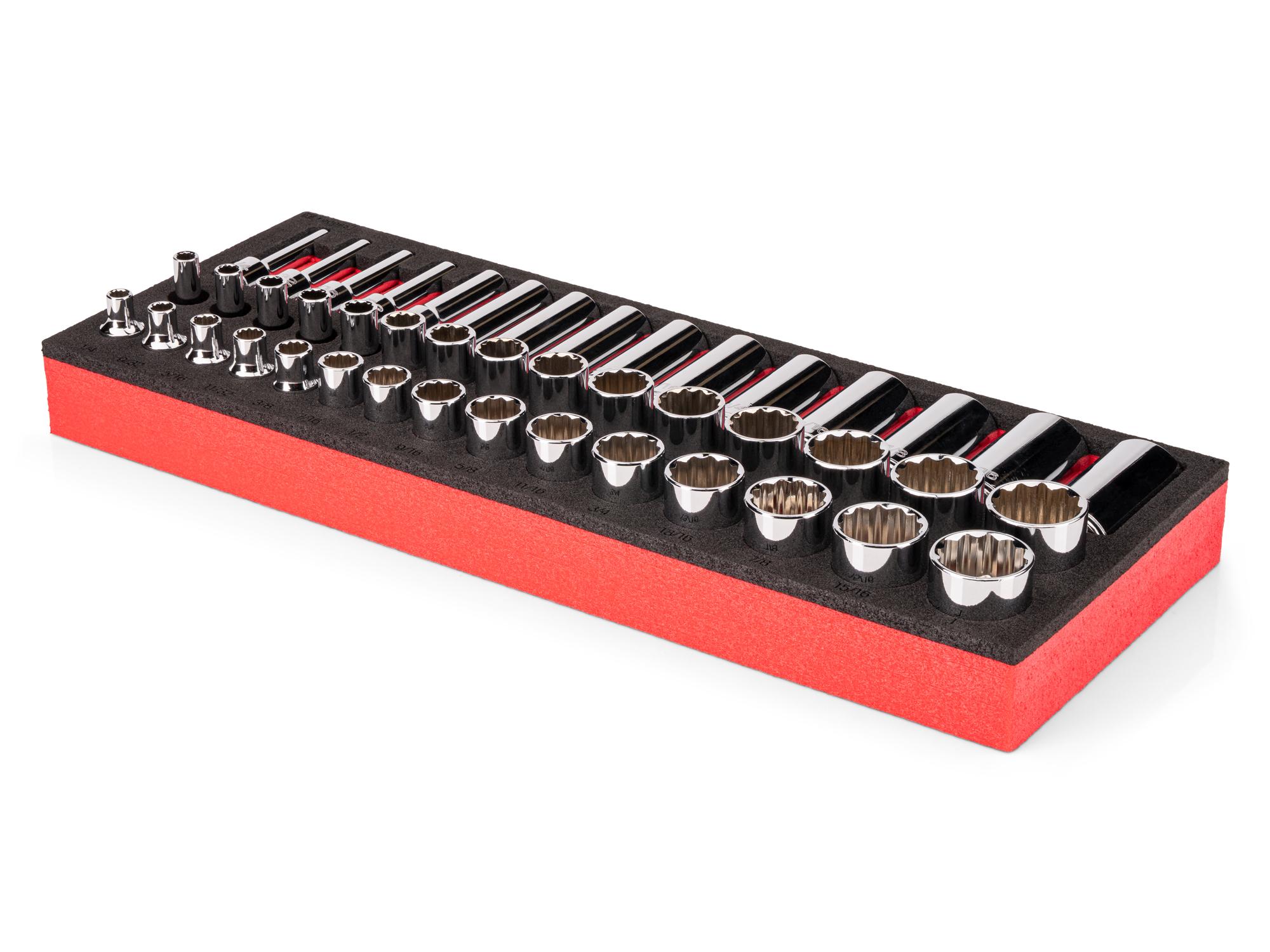 Angled view of red Tekton 3/8 inch drive shallow, semi-deep, and deep 12-point socket set. SHD91814