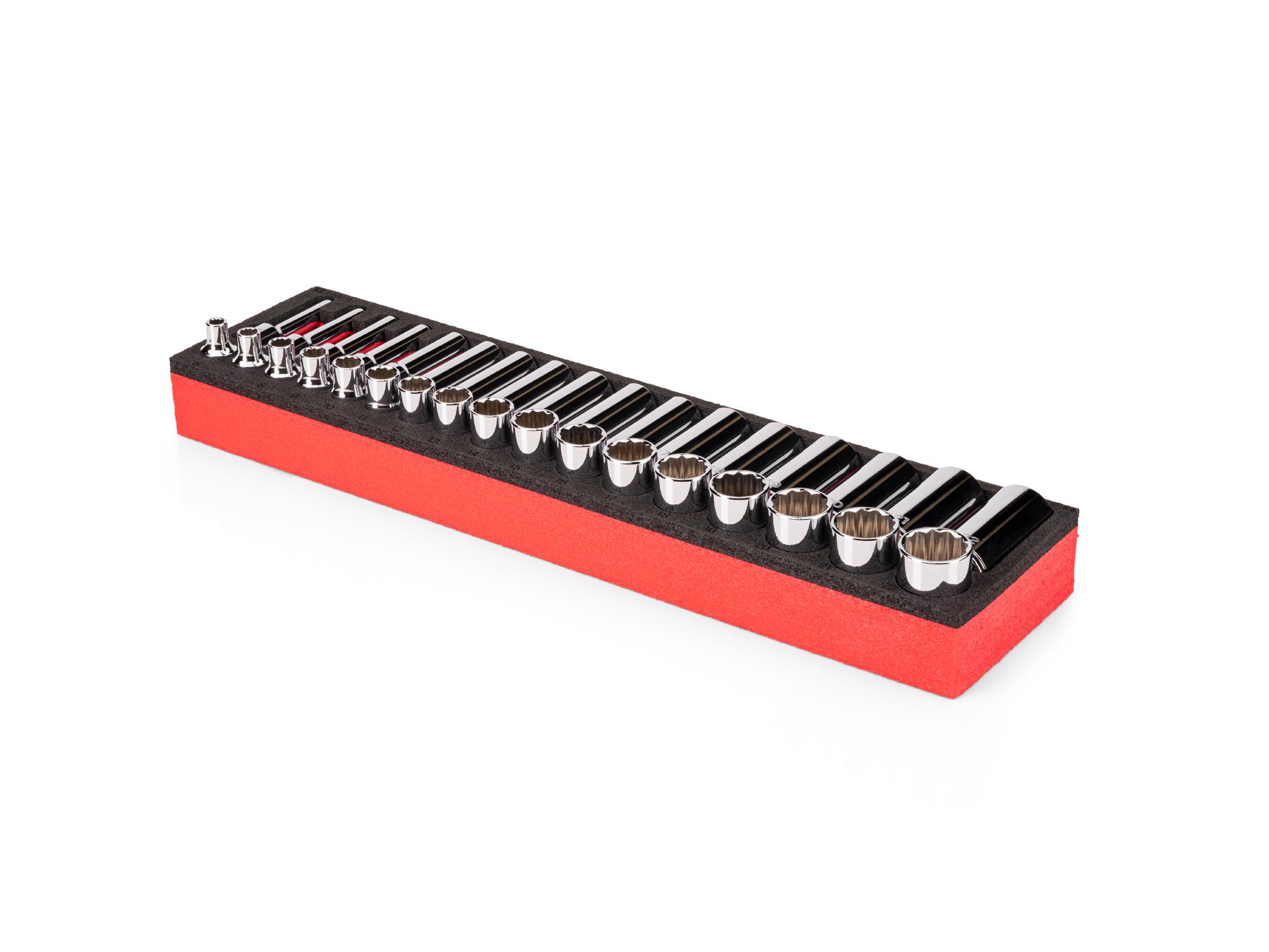 Angled view of Tekton 3/8 inch drive shallow and deep 12-point socket set. SHD91817
