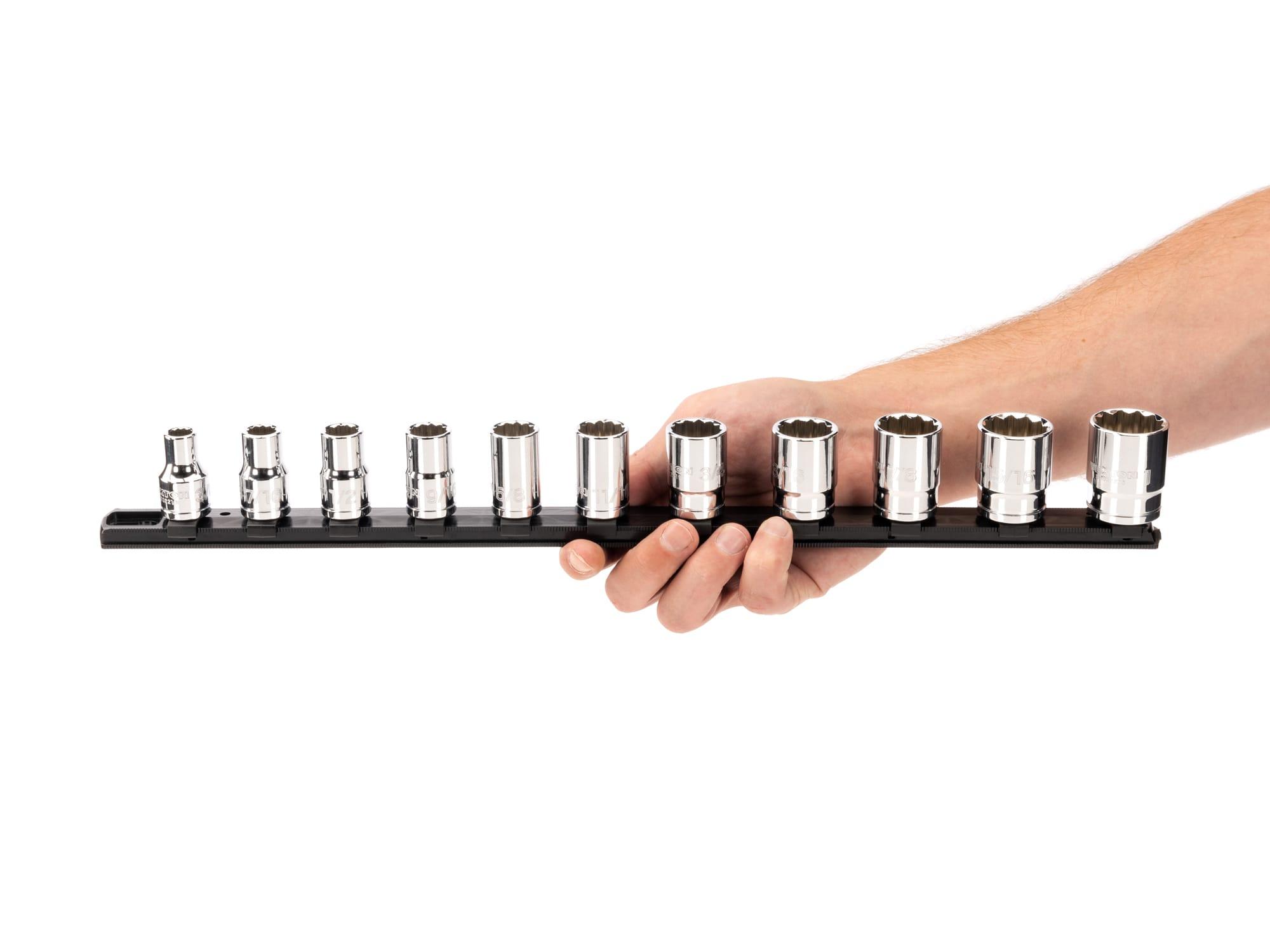 Person holding Tekton rail hand drive 12-point socket set. Item #SHD92103