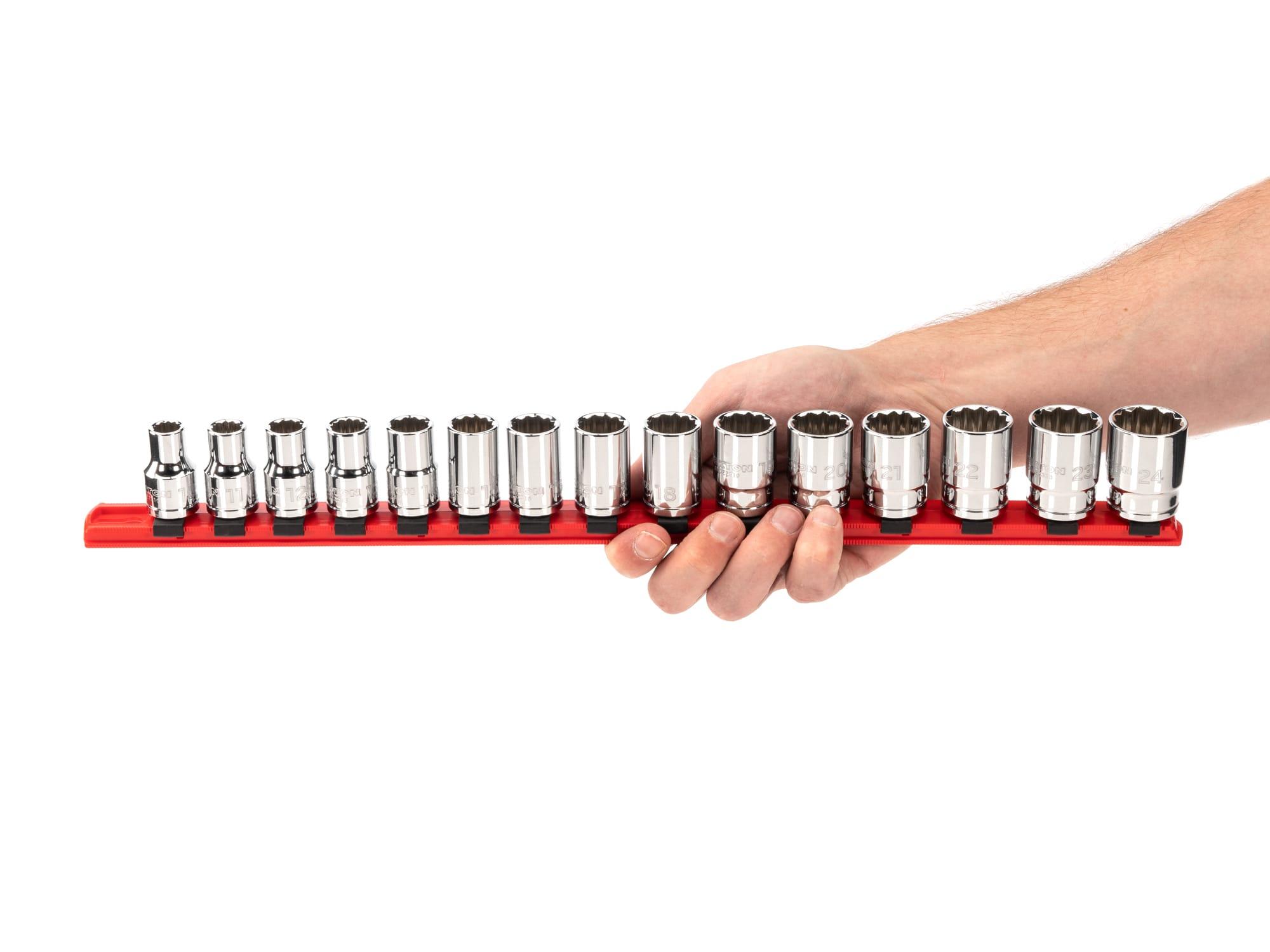 Person holding Tekton rail hand drive 12-point socket set. Item #SHD92104