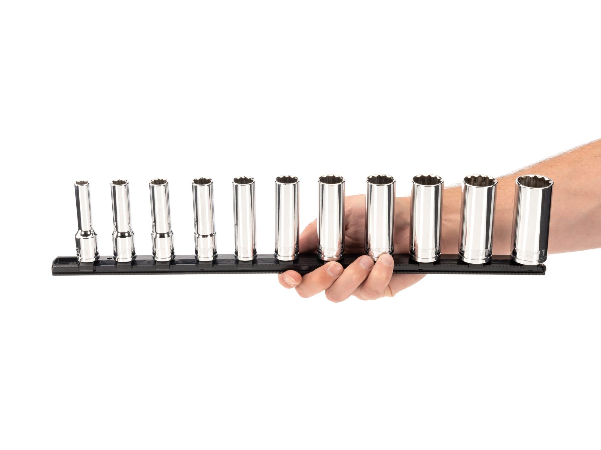 Person holding Tekton rail hand drive 12-point socket set. Item #SHD92107